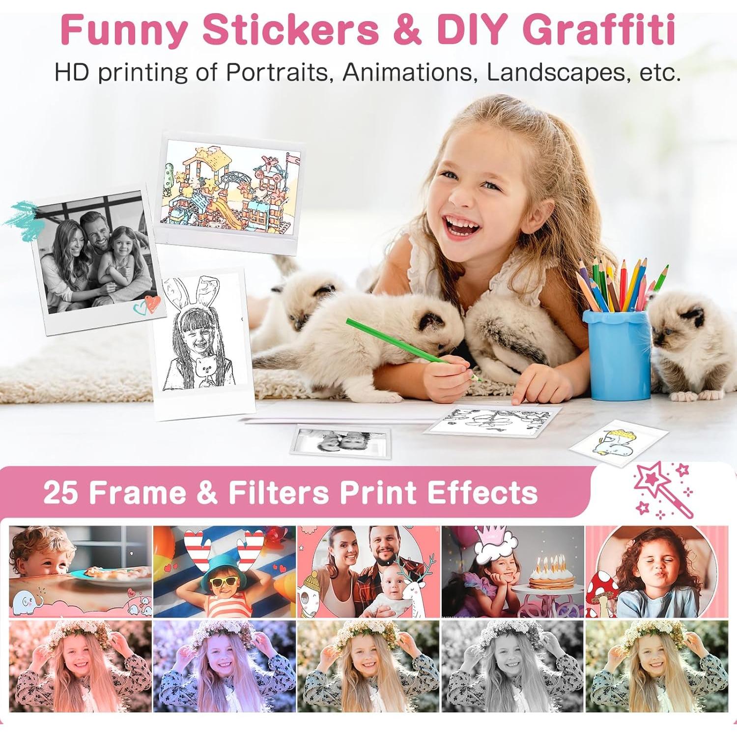 Kids Camera Instant Print, Dual-Lens 48MP Digital Camera for Christmas Birthday Gifts, 1080P Selfie Instant Cameras for Kids with 32GB Card, Instant Print Digital Camera for Girls Boys-Pink