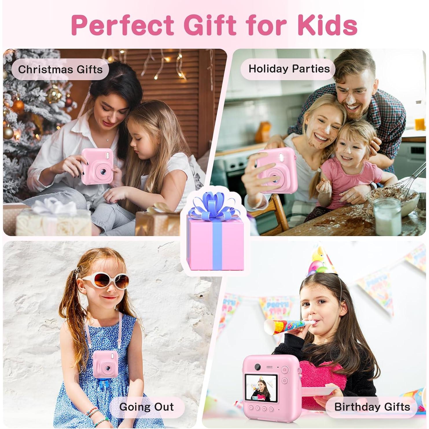 Kids Camera Instant Print, Dual-Lens 48MP Digital Camera for Christmas Birthday Gifts, 1080P Selfie Instant Cameras for Kids with 32GB Card, Instant Print Digital Camera for Girls Boys-Pink