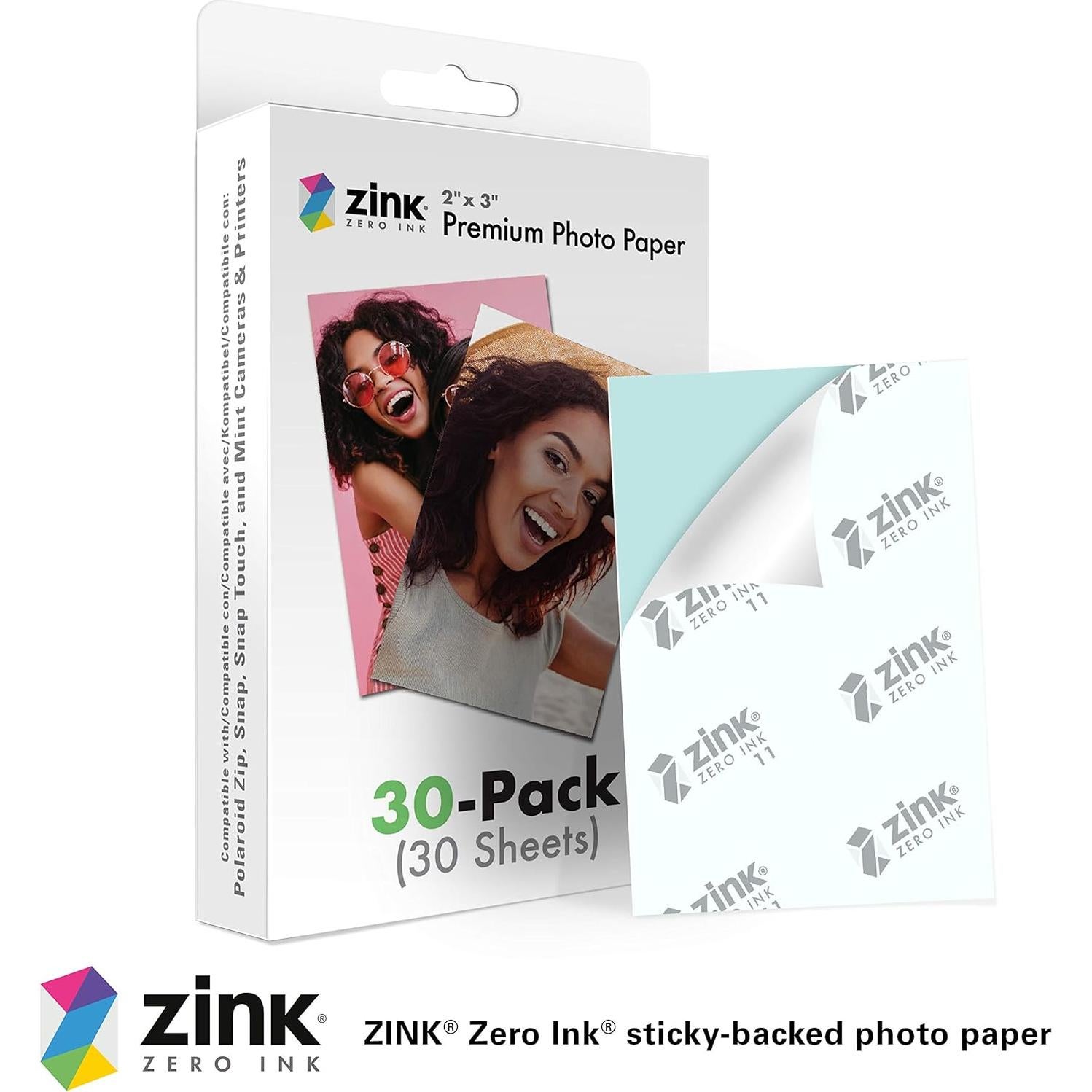 Papel Fotográfico Premium Zink 5x7.6cm Adhesivo 30 Hojas