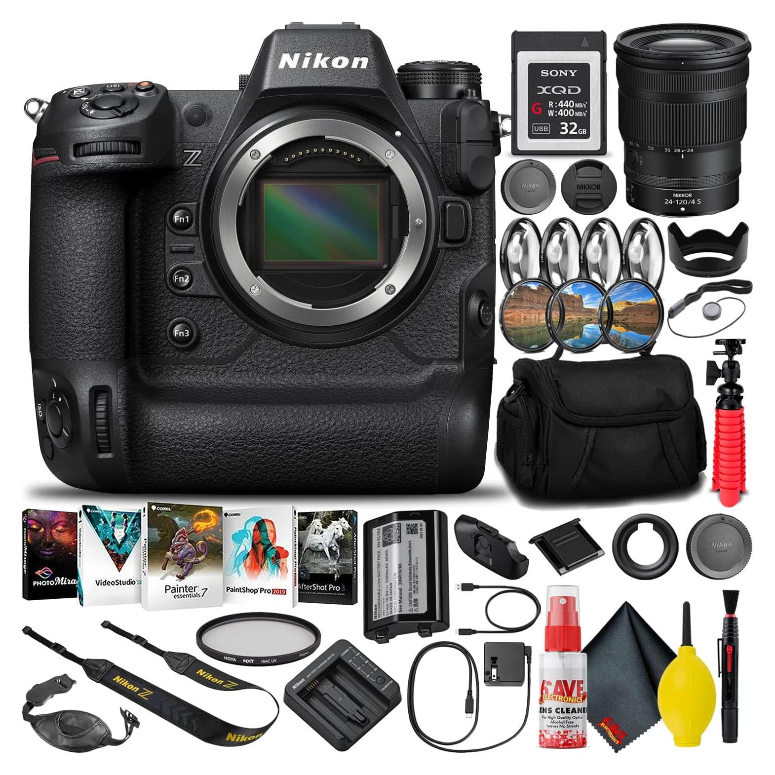 Nikon Z9 FX-Format Mirrorless Camera Body (1669) + 24-120mm f/4 S Lens + 32GB XQD Memory Card + Editing Software + Camera Bag + Pro Filter Kit + 12" Tripod (Renewed)