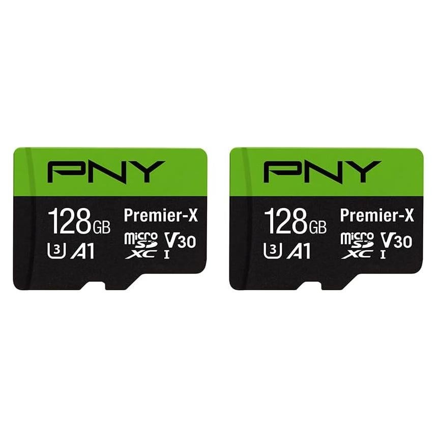 PNY P-SDU128X2V31100PX-GE 128GB Premier-X Class 10 U3 V30 microSDXC Flash Memory Card 2-Pack - 100MB/s, Class 10, U3, V30, A1, 4K UHD, Full HD, UHS-I, Micro SD