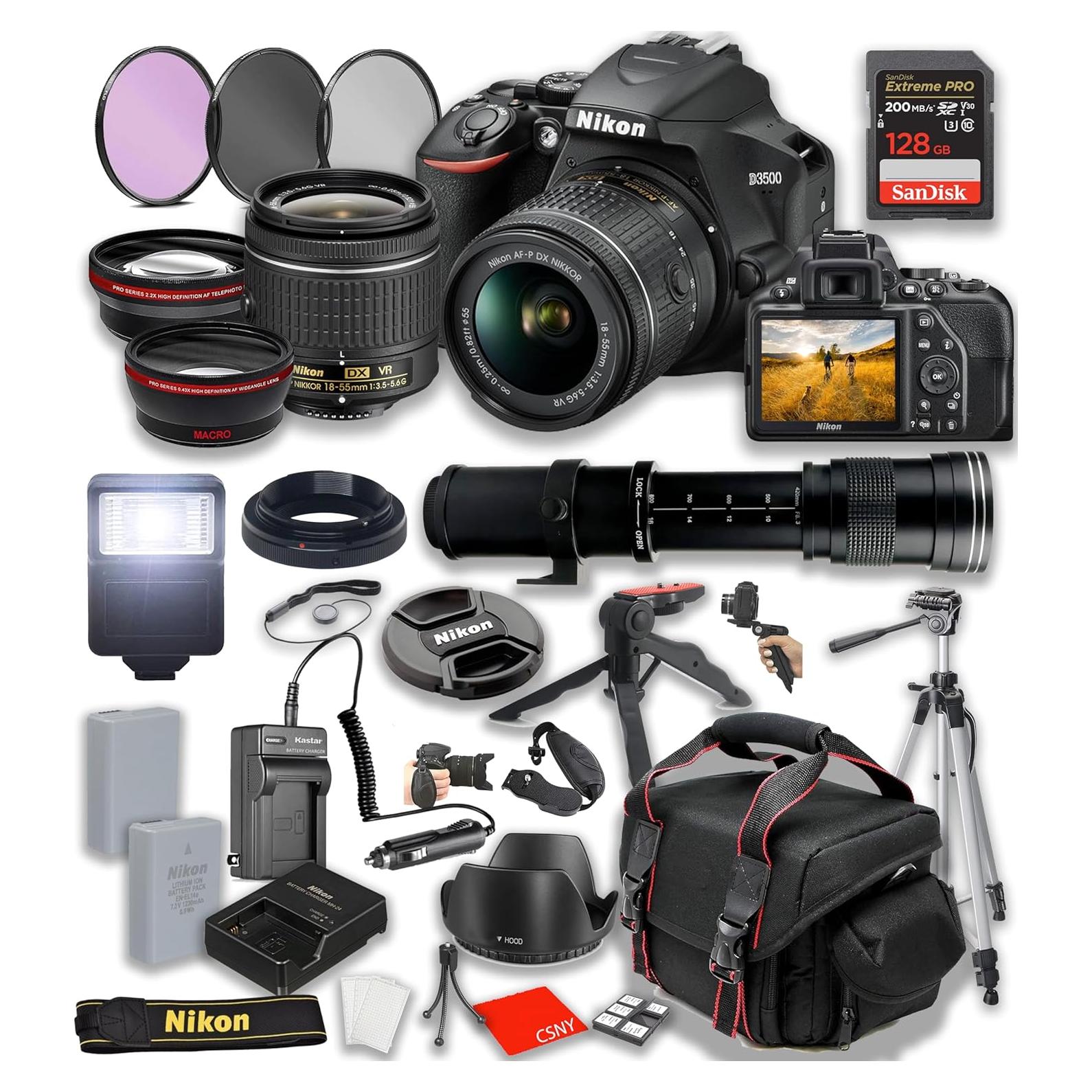 Cámara DSLR Nikon D3500 con Lente 18-55mm y Telefoto 420-800mm