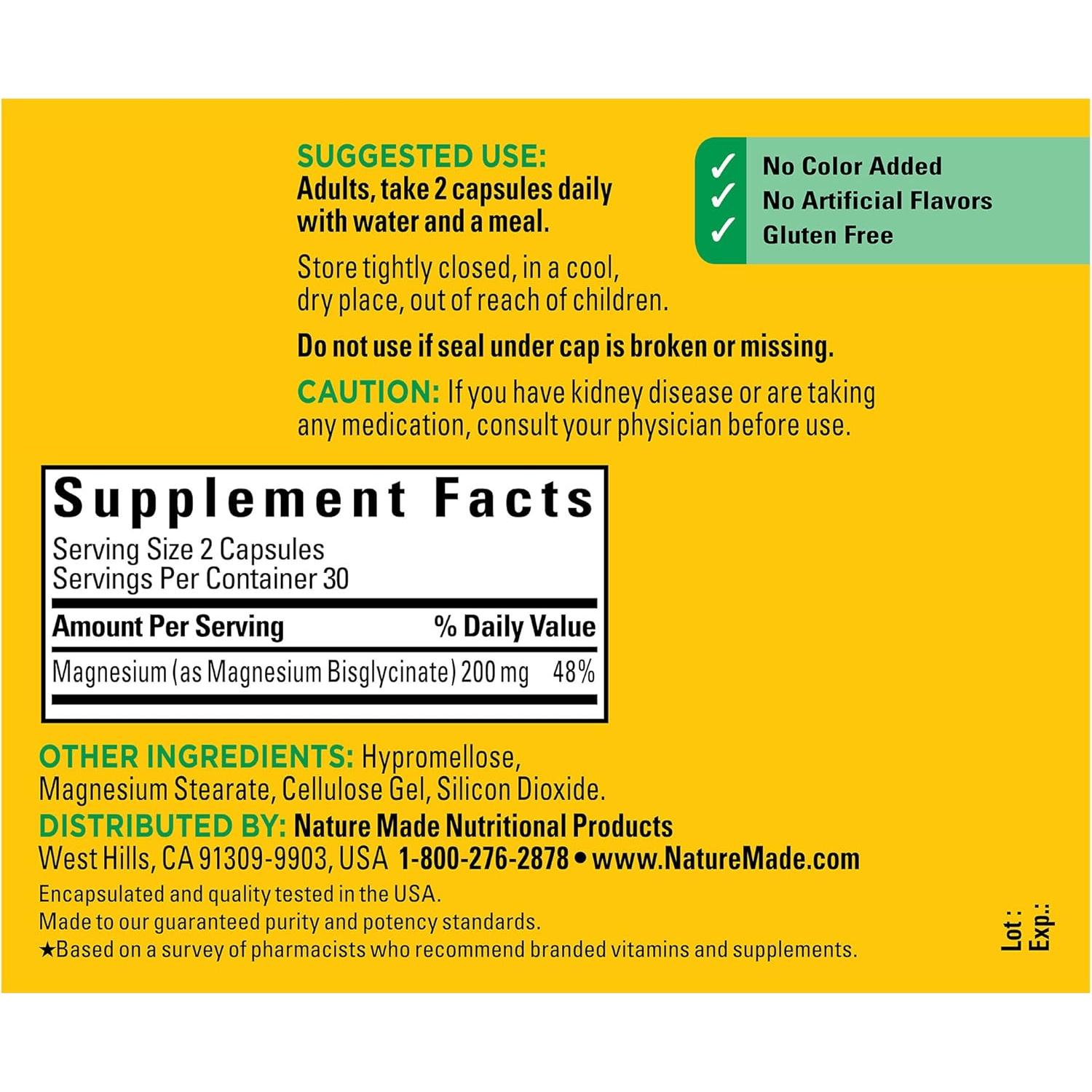 Nature Made Magnesio Glicinato 200 mg 60 Cápsulas Suplemento