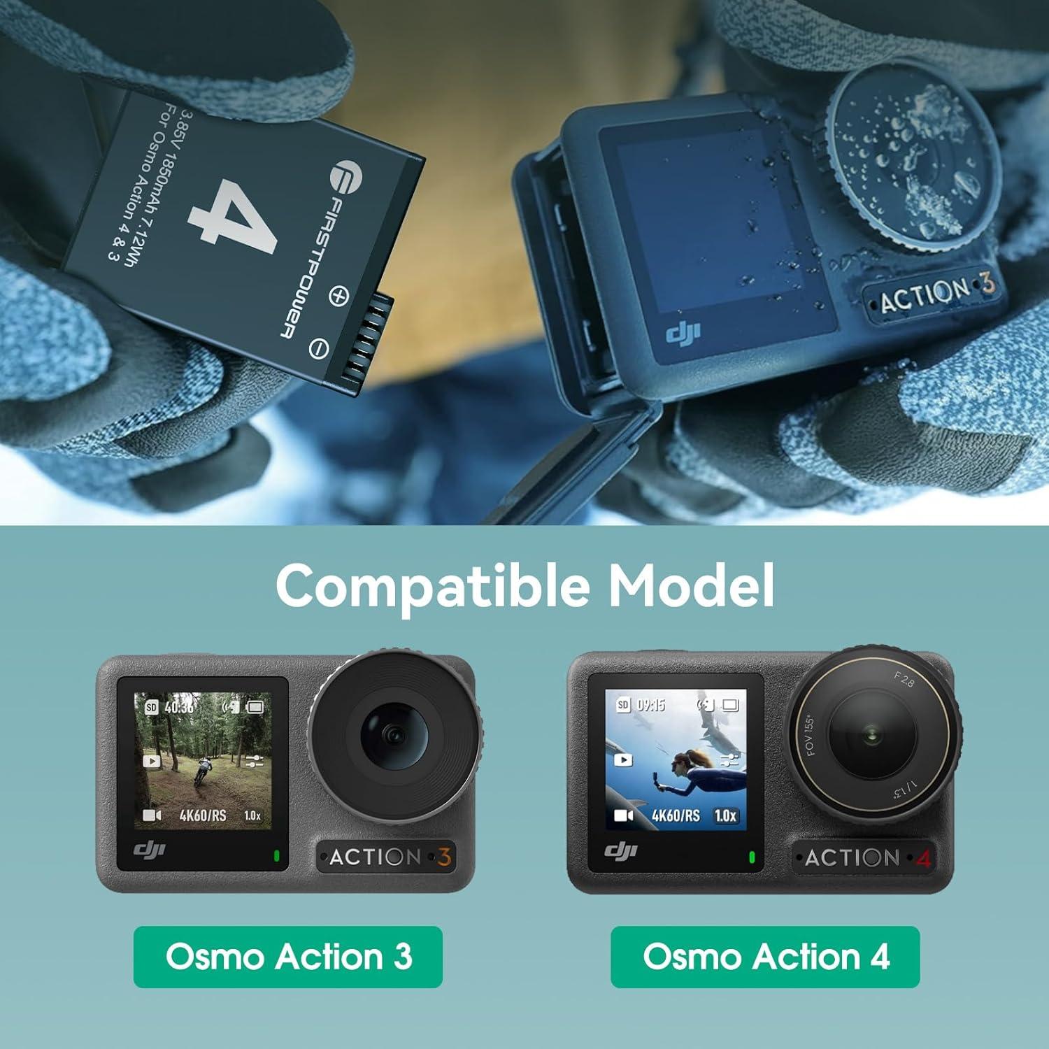 Batería de Reemplazo FirstPower 1850mAh para DJI Osmo Action 4/3 - Cargador Doble