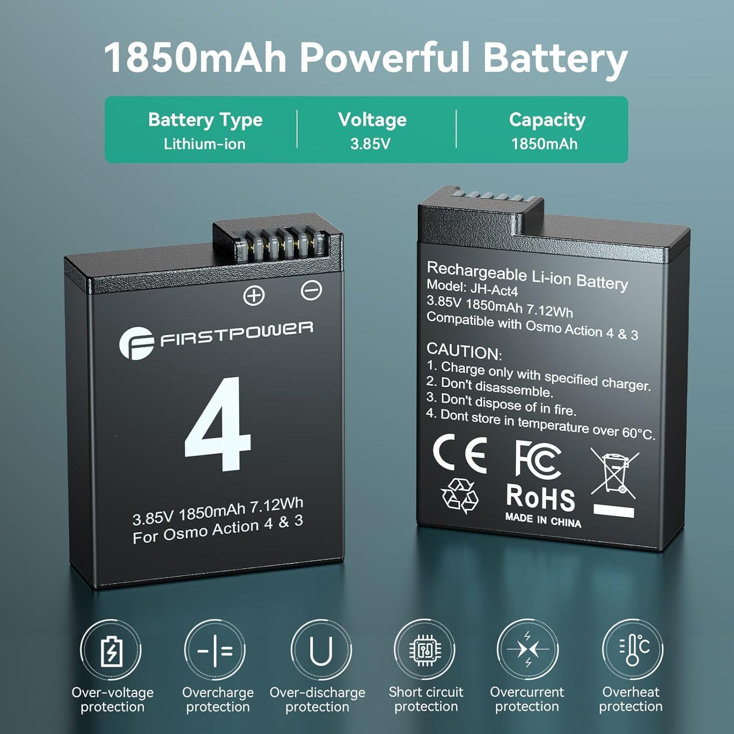Batería de Reemplazo FirstPower 1850mAh para DJI Osmo Action 4/3 - Cargador Doble