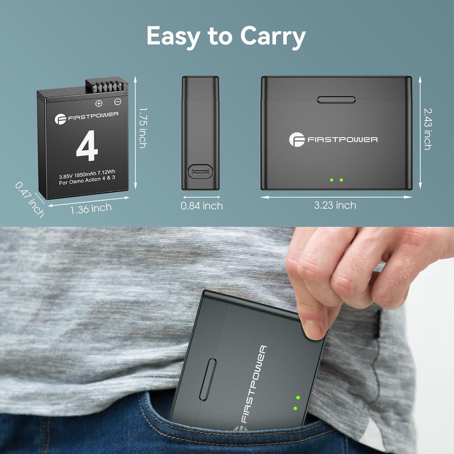 Batería de Reemplazo FirstPower 1850mAh para DJI Osmo Action 4/3 - Cargador Doble