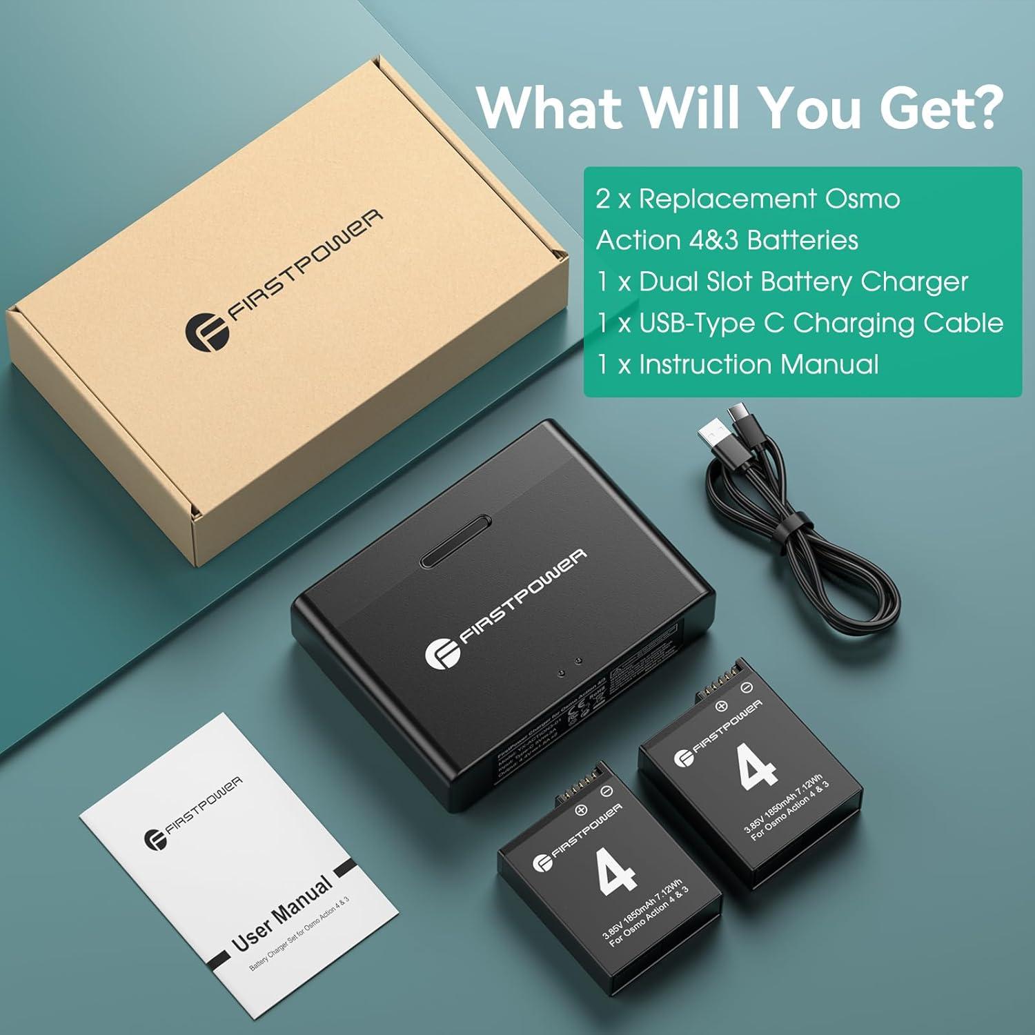 Batería de Reemplazo FirstPower 1850mAh para DJI Osmo Action 4/3 - Cargador Doble