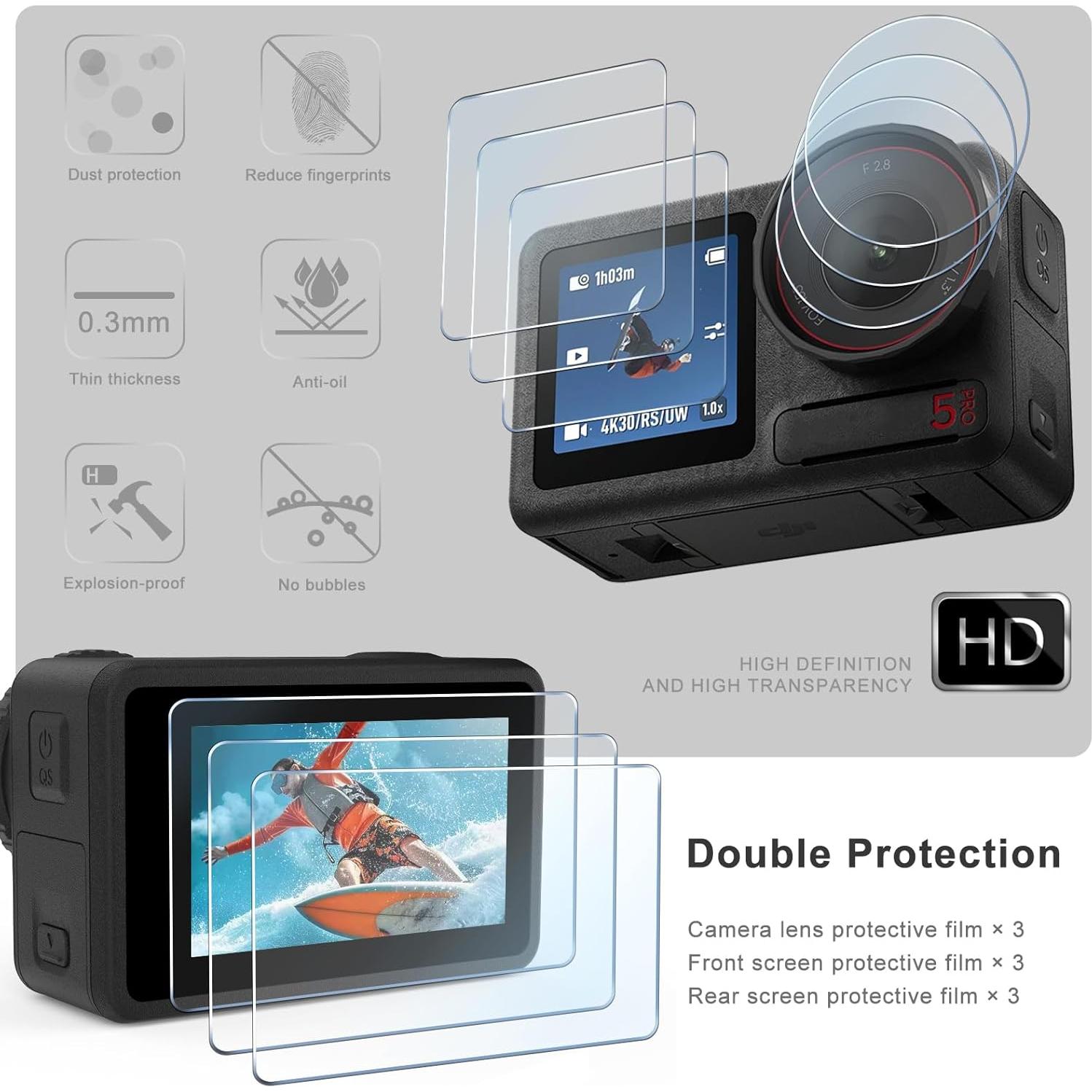 Protector de Pantalla y Lente FitStill para DJI Osmo Action 5 Pro - 3 Piezas, Dureza 9H, Sin Burbujas