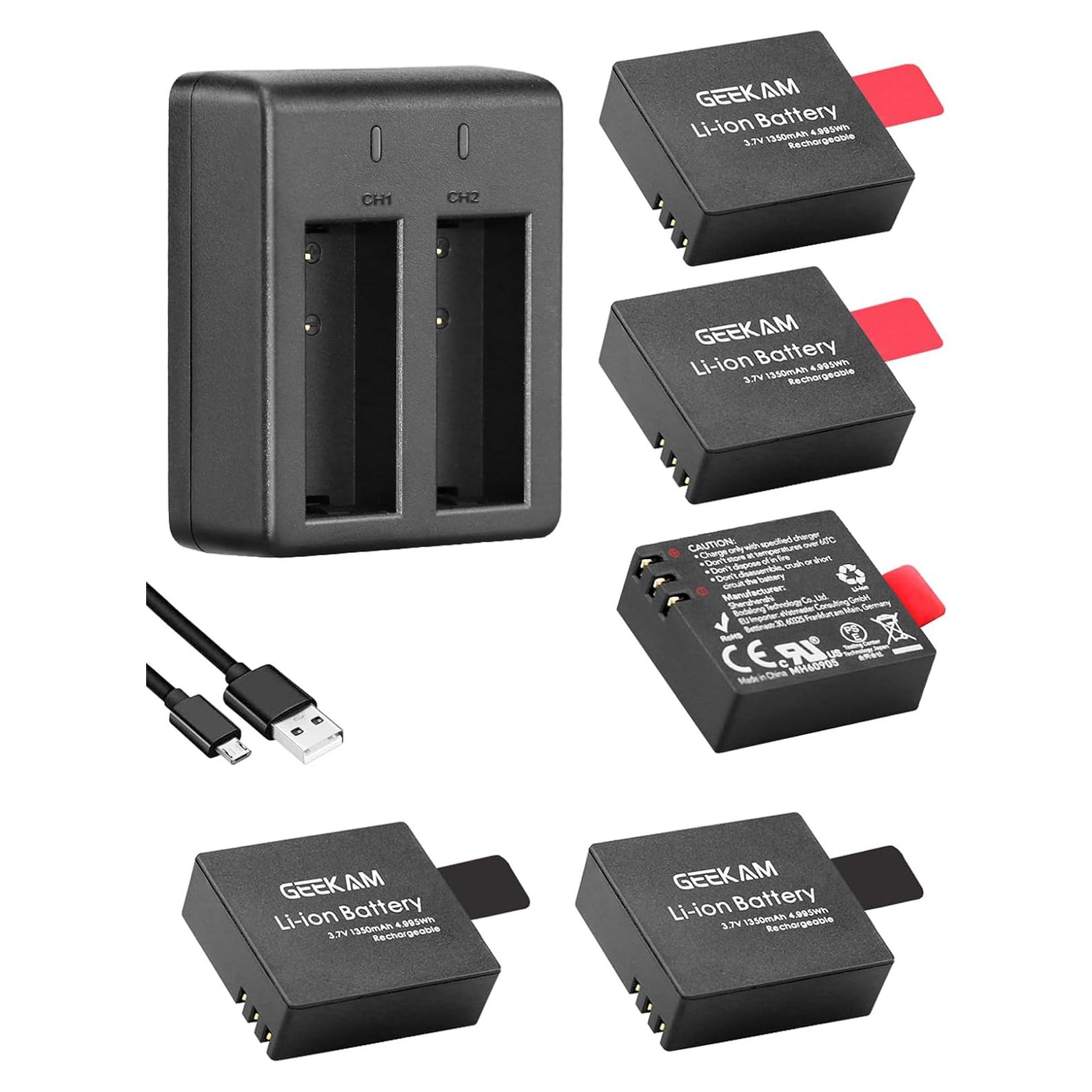 Paquete de 5 Baterías Recargables 1350mAh + Cargador USB GeeKam