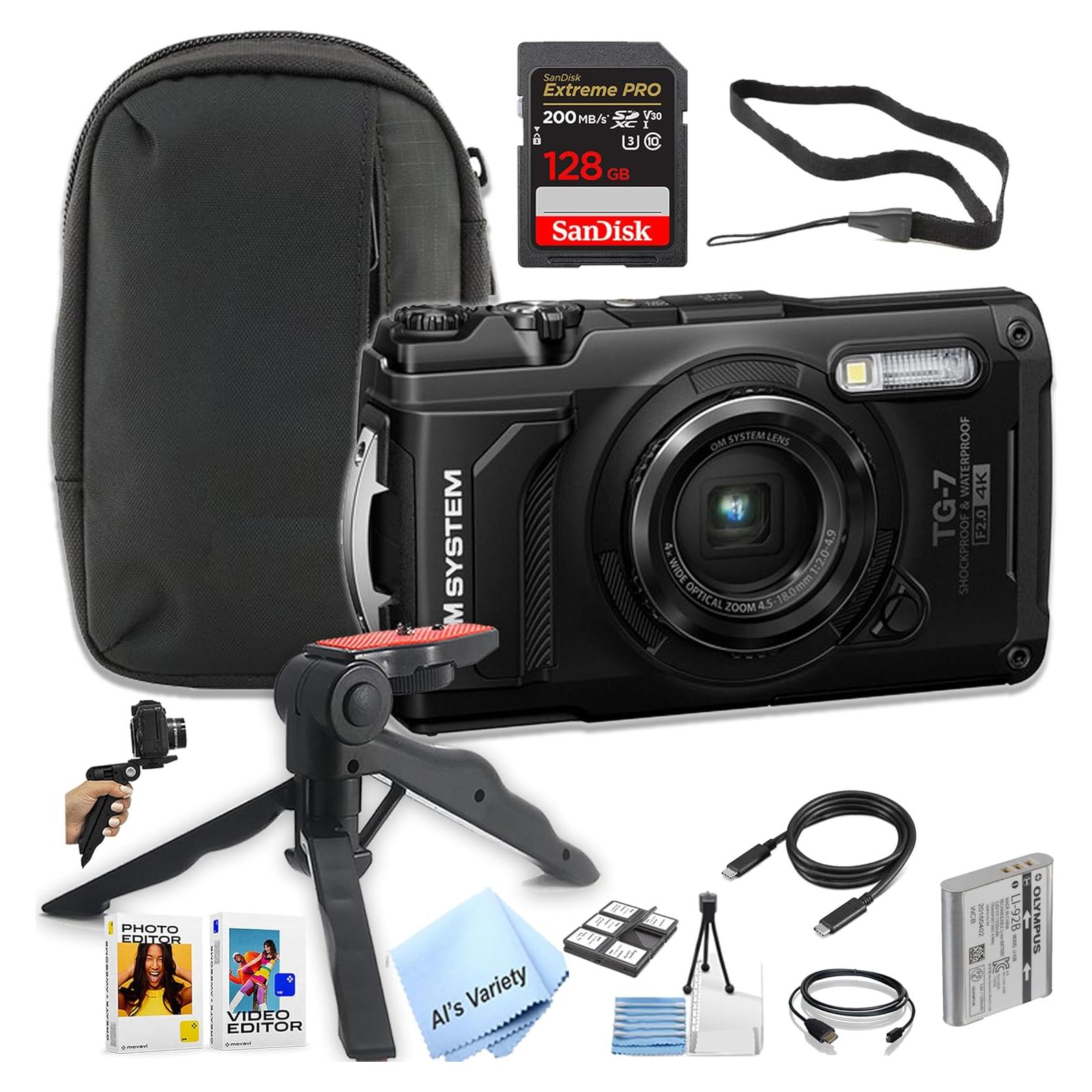 OM SYSTEM Tough TG-7 Digital Camera (Black) + 128GB Extreme PRO Memory + Case, Grip, Software Pack (Rugged Bundle)-Waterproof (Renewed)