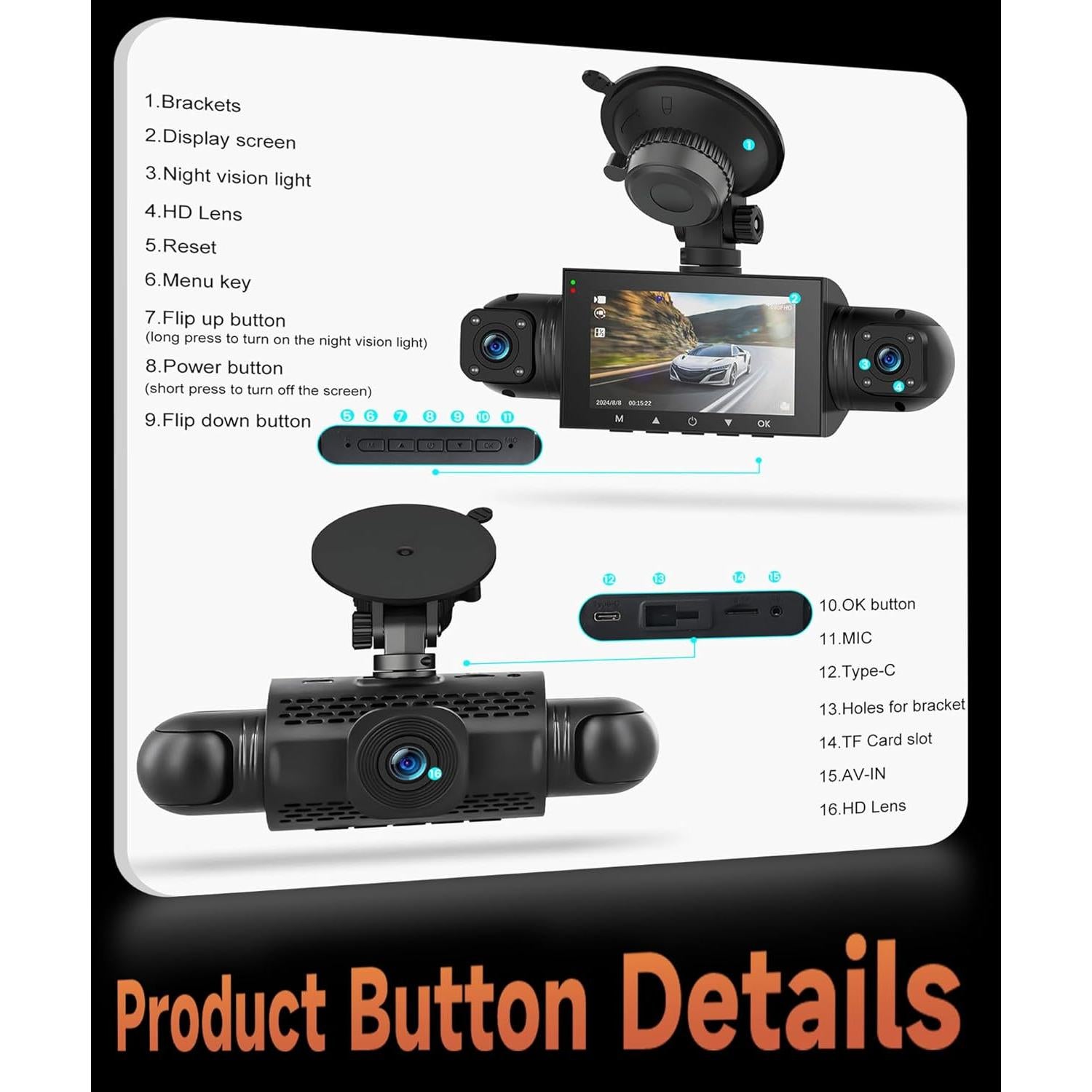 Cámara Dash 360° Rimoody 4 Canales 1080P con Visión Nocturna