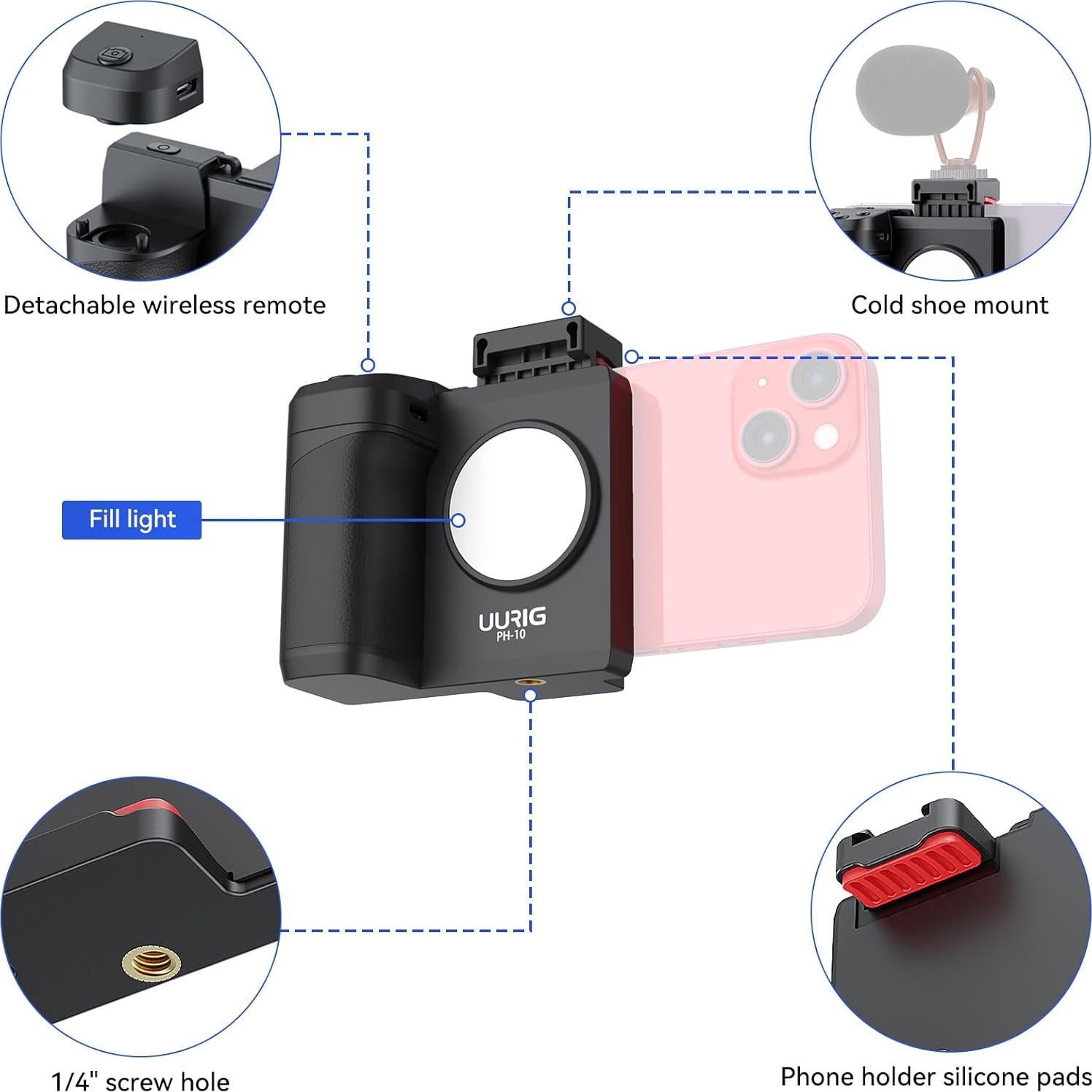 Mango de Disparador UURIG PH-14 para Smartphone con Luz Ajustable