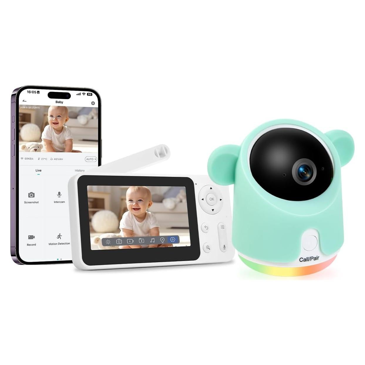 Monitor de Bebé GMK Baby 3SM 1080P con Cámara y Audio