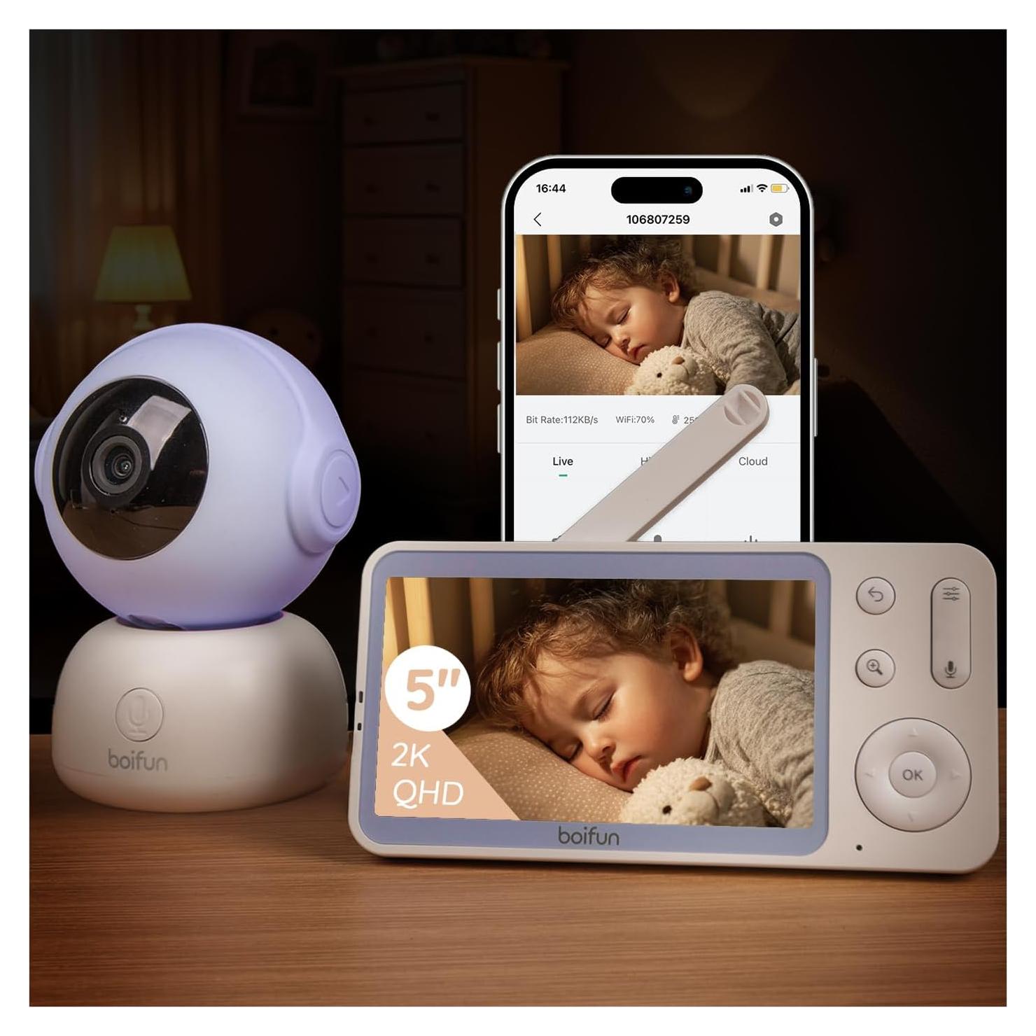 Monitor de Bebé BOIFUN 2K HD 5" WiFi con Cámara y Audio