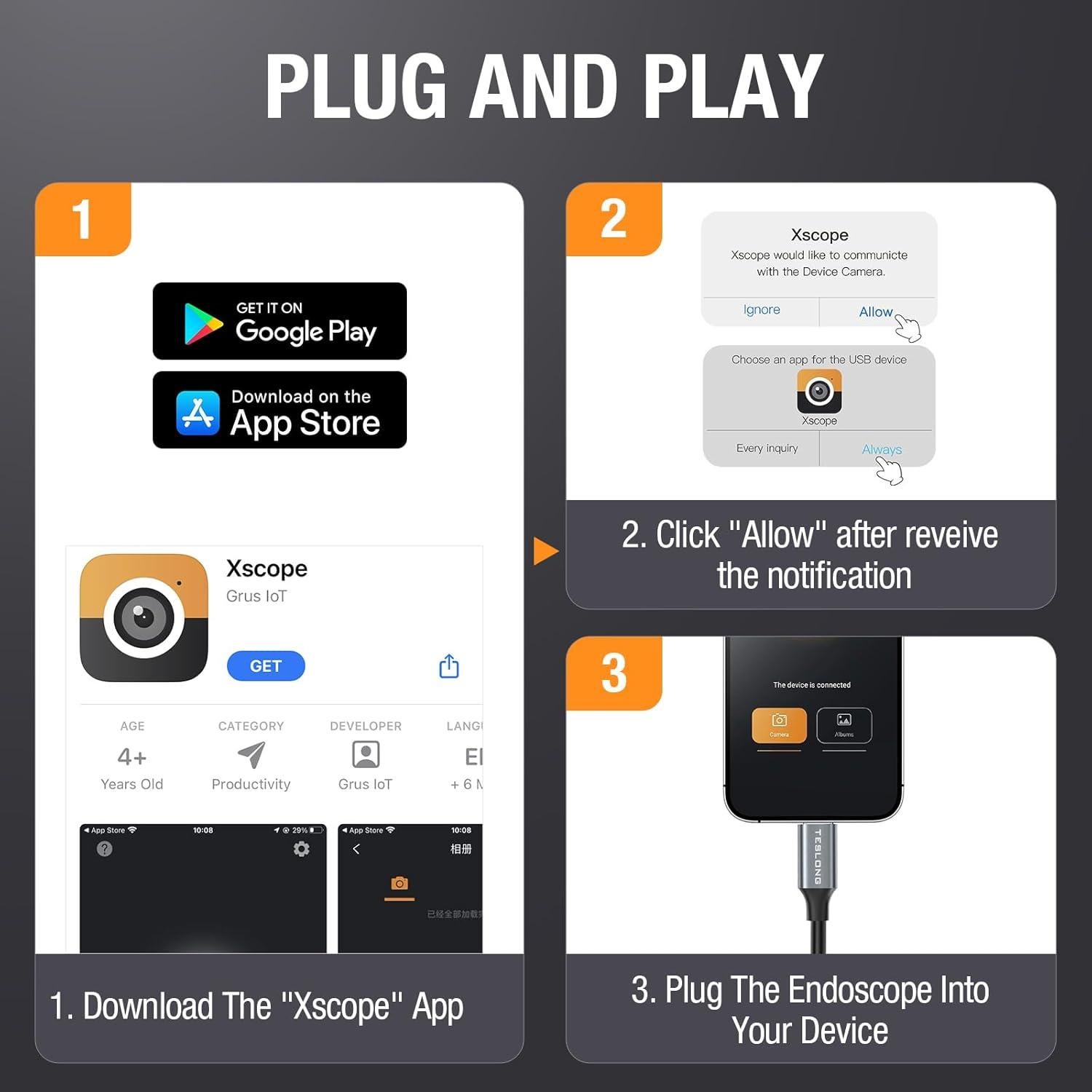 Endoscopio Doble Lente Teslong USB-C 3.05m con Luz LED