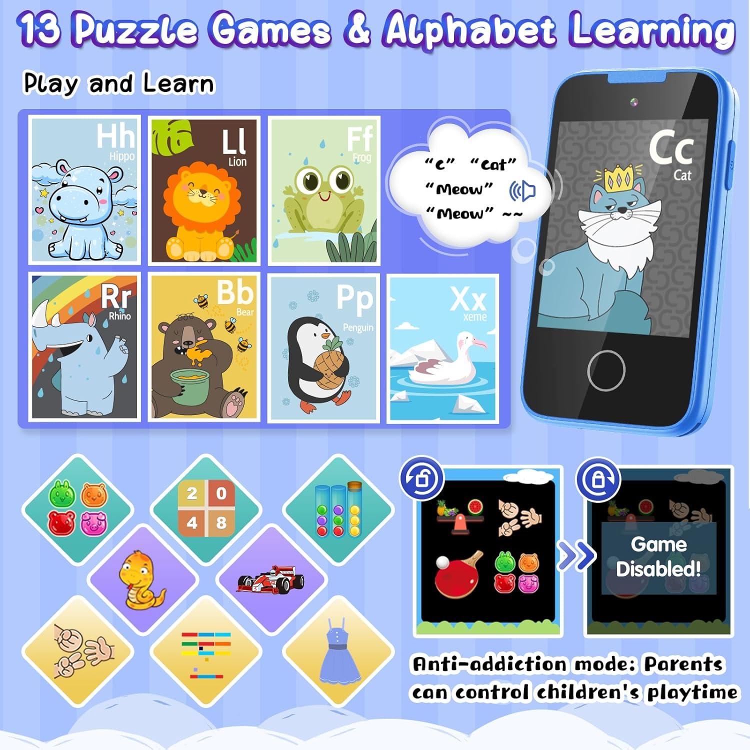 Teléfono Celular Infantil TKECWOB Azul con Doble Cámara y Música