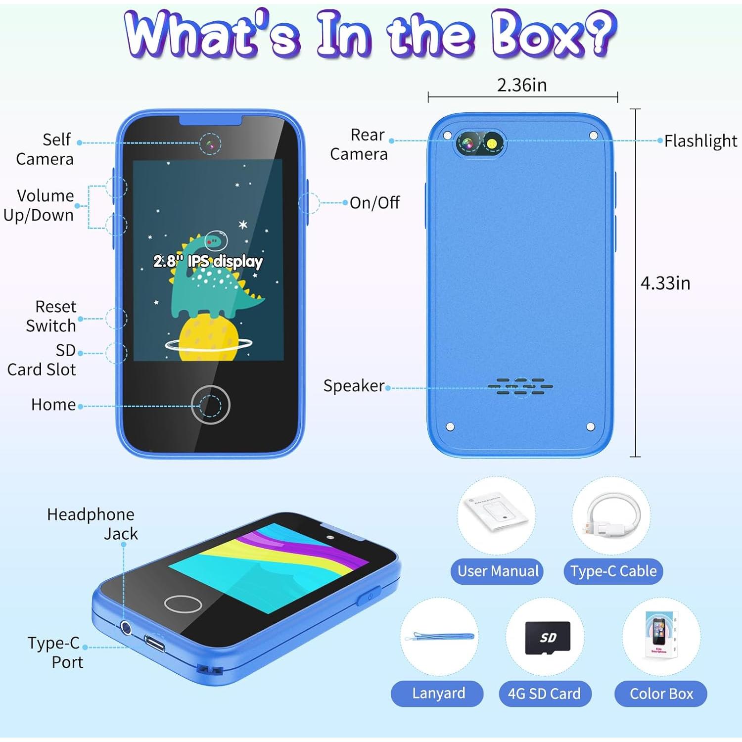 Teléfono Celular Infantil TKECWOB Azul con Doble Cámara y Música