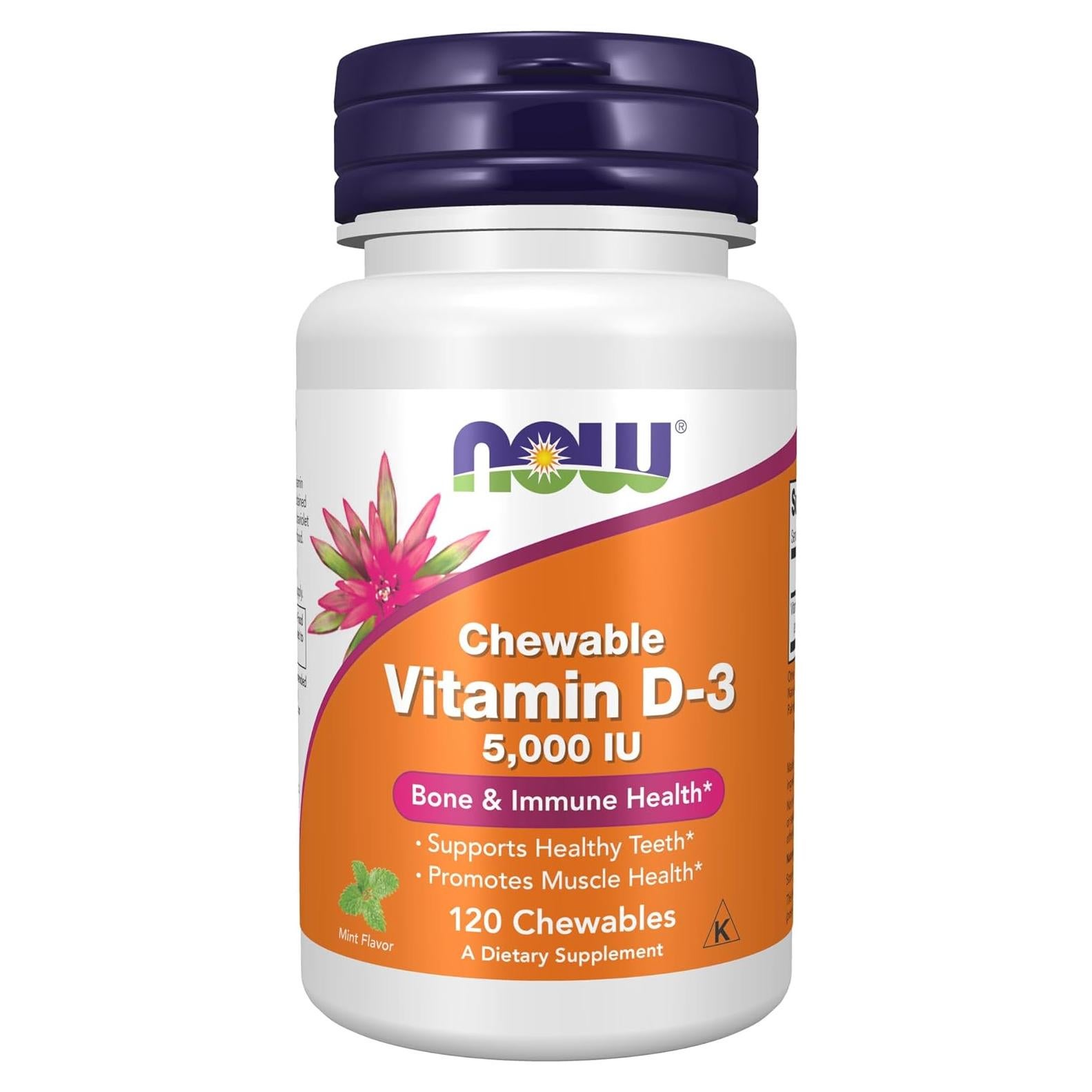 Vitamina D-3 Masticable NOW Foods 5000 UI Sabor Menta 120 Unidades