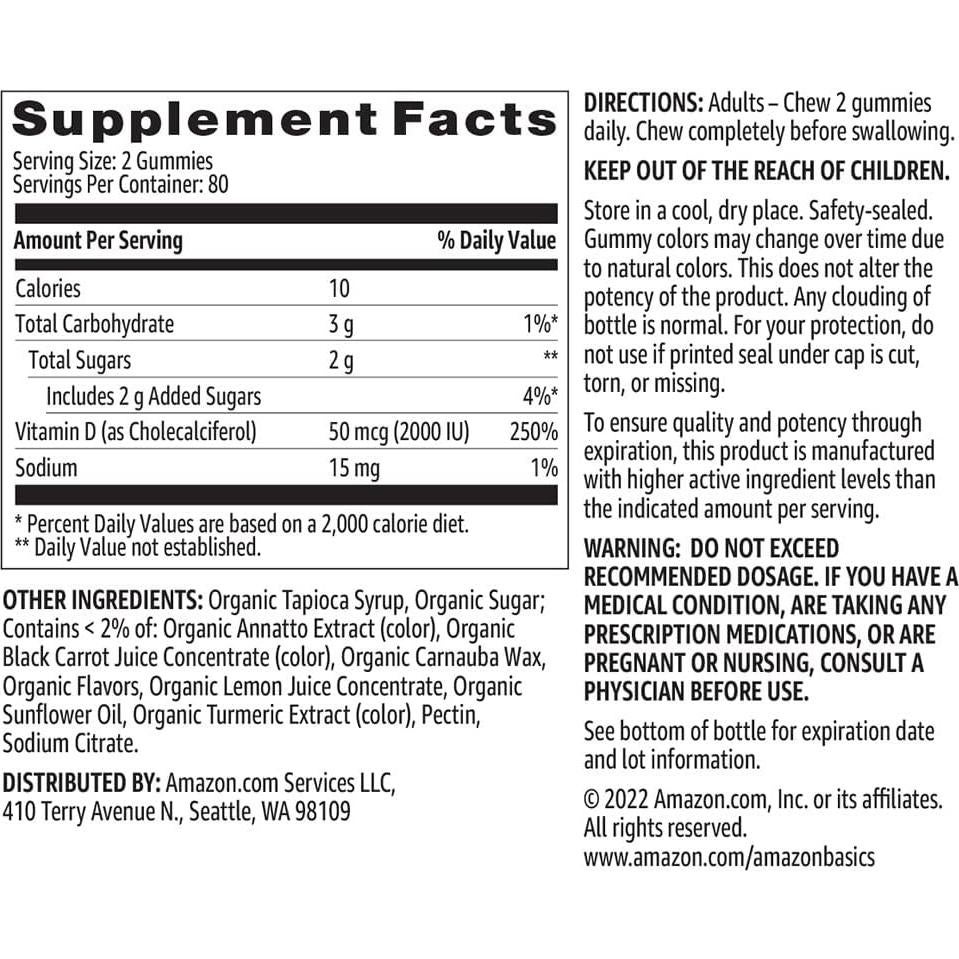Gomitas de Vitamina D3 2000 UI Amazon Basics 160 Unidades