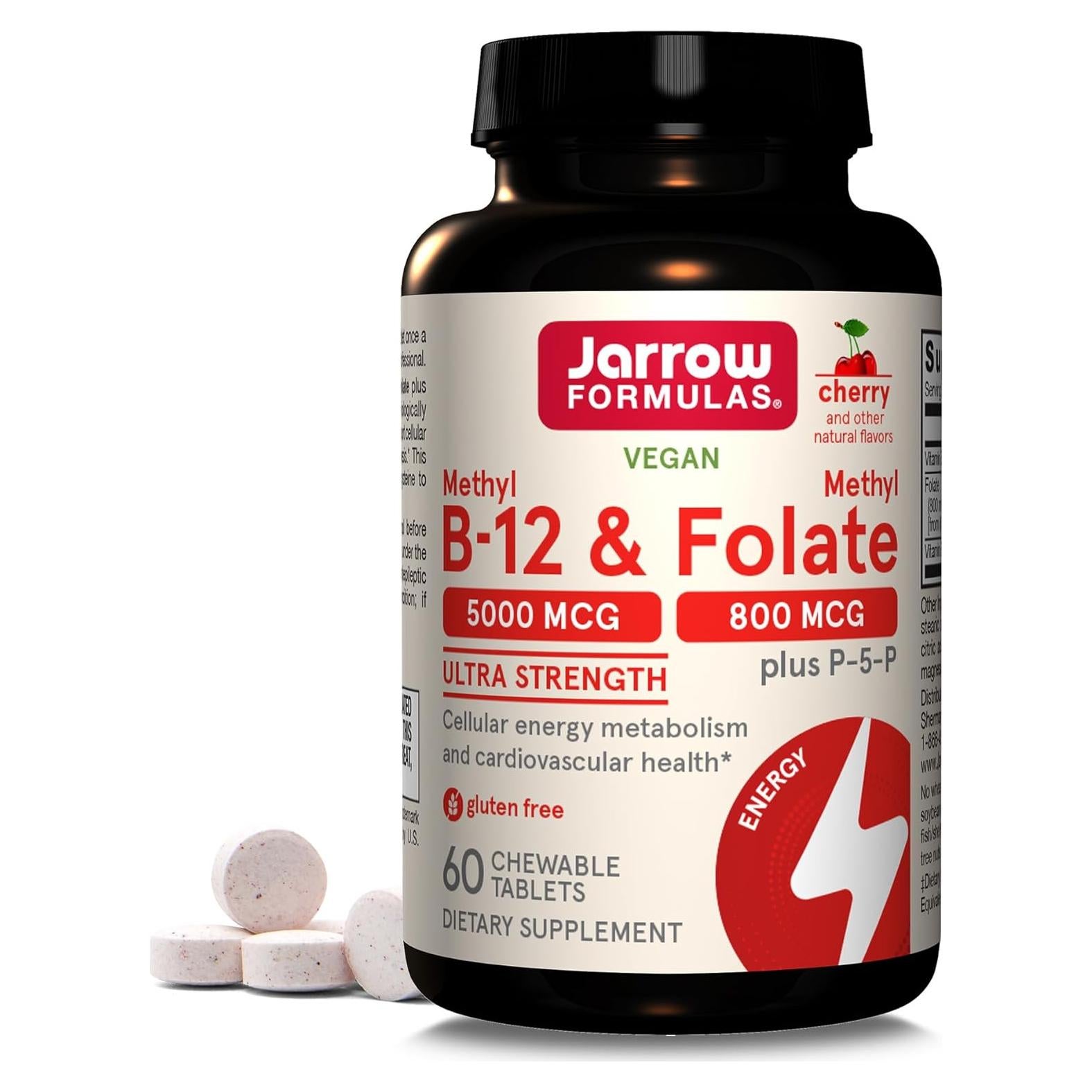 Suplemento Jarrow Formulas Methyl B-12 5000 mcg y Folato 800 mcg - 60 Tabletas Masticables