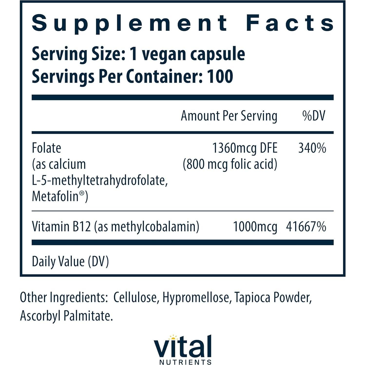 Suplemento Vegano de Vitamina B12 y Folato Metilado Vital Nutrients 100 Cápsulas