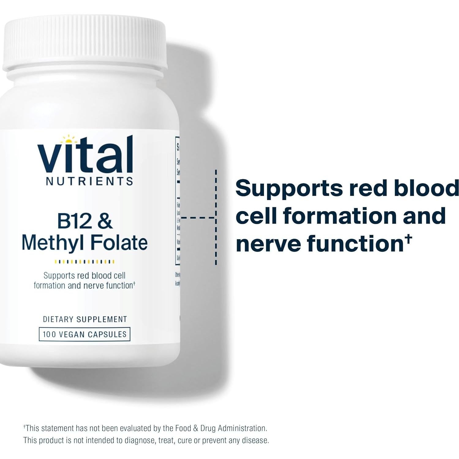 Suplemento Vegano de Vitamina B12 y Folato Metilado Vital Nutrients 100 Cápsulas