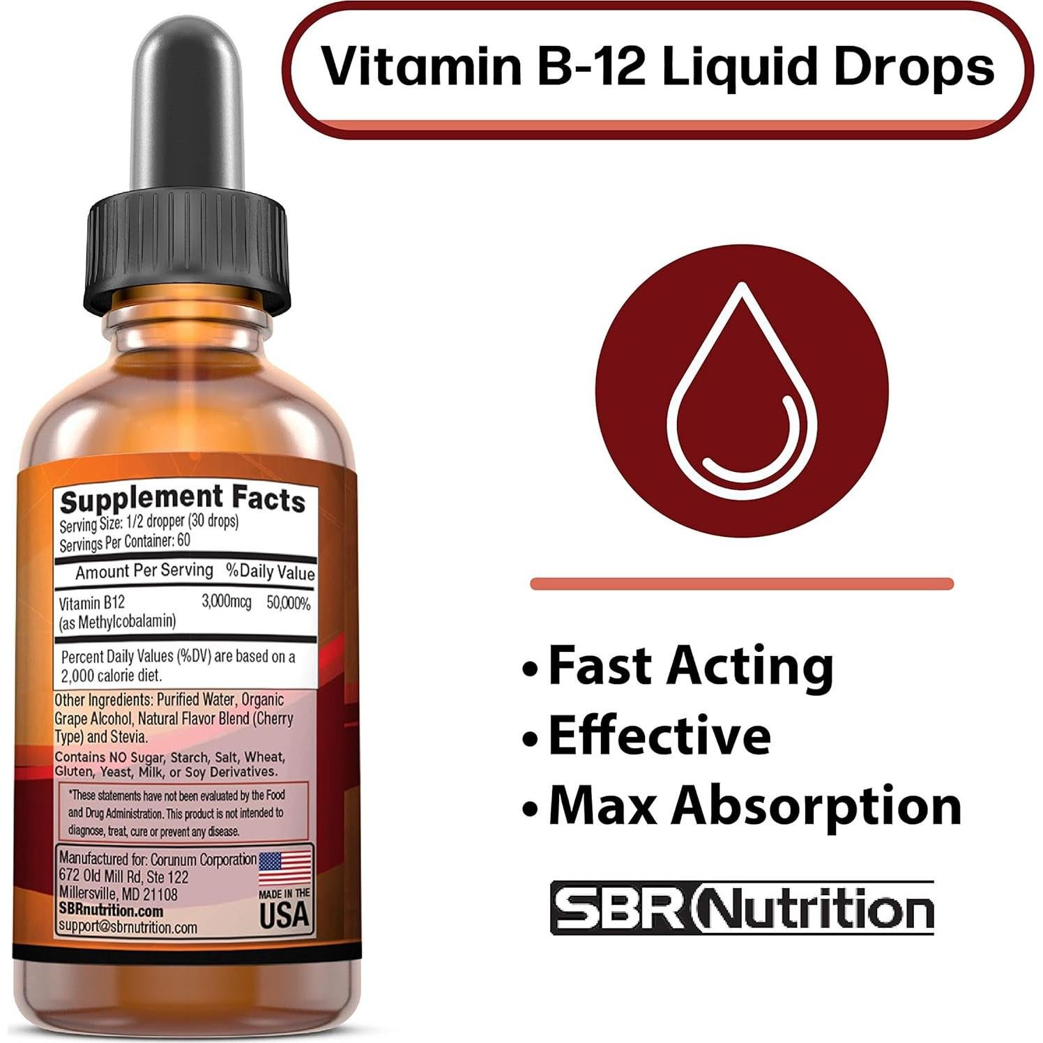 Gotas Líquidas de Vitamina B12 SBR Nutrition 3000mcg 60 Porciones