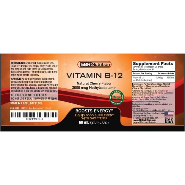 Gotas Líquidas de Vitamina B12 SBR Nutrition 3000mcg 60 Porciones