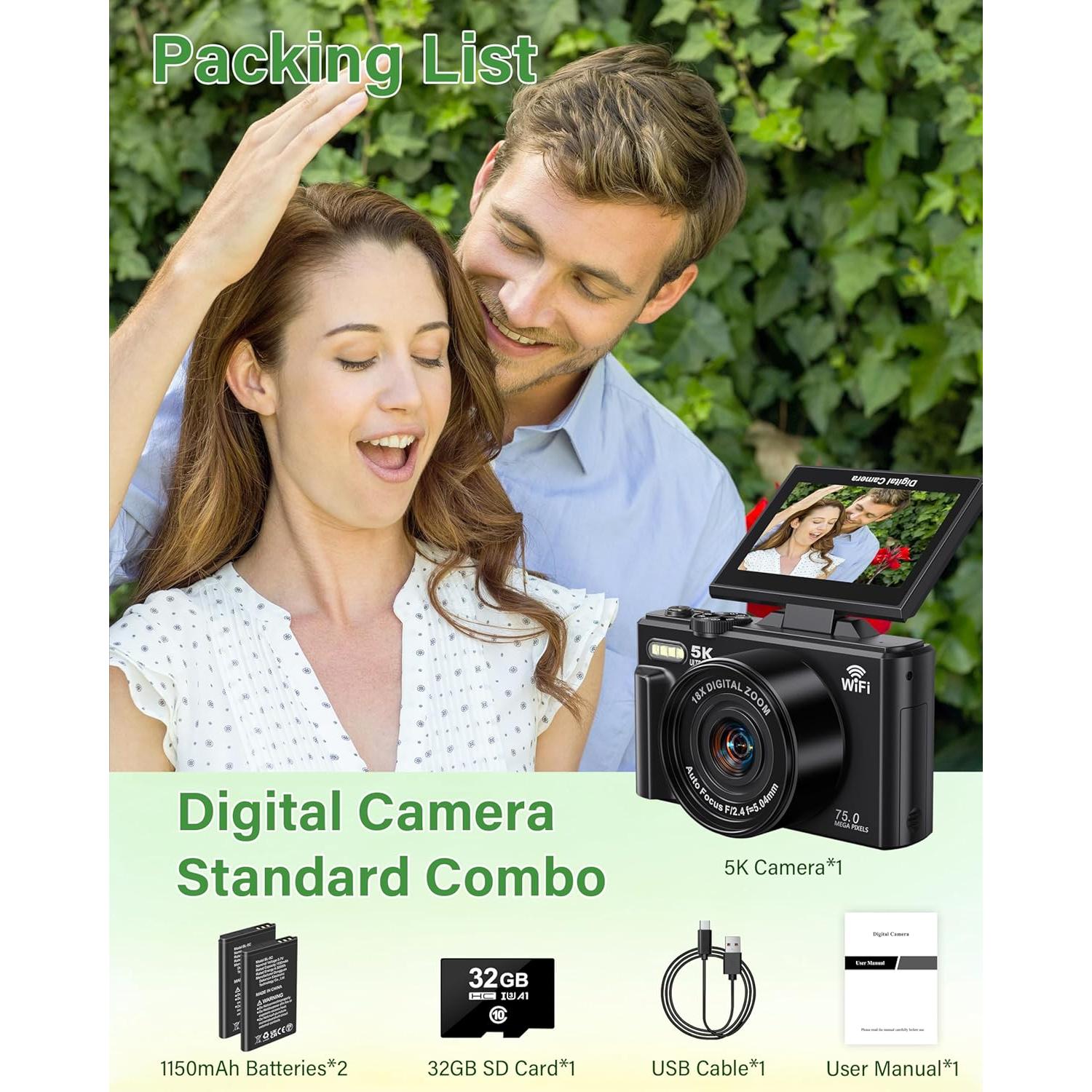 Cámara Digital Lacegre 5K 75MP con WiFi y Pantalla 3"