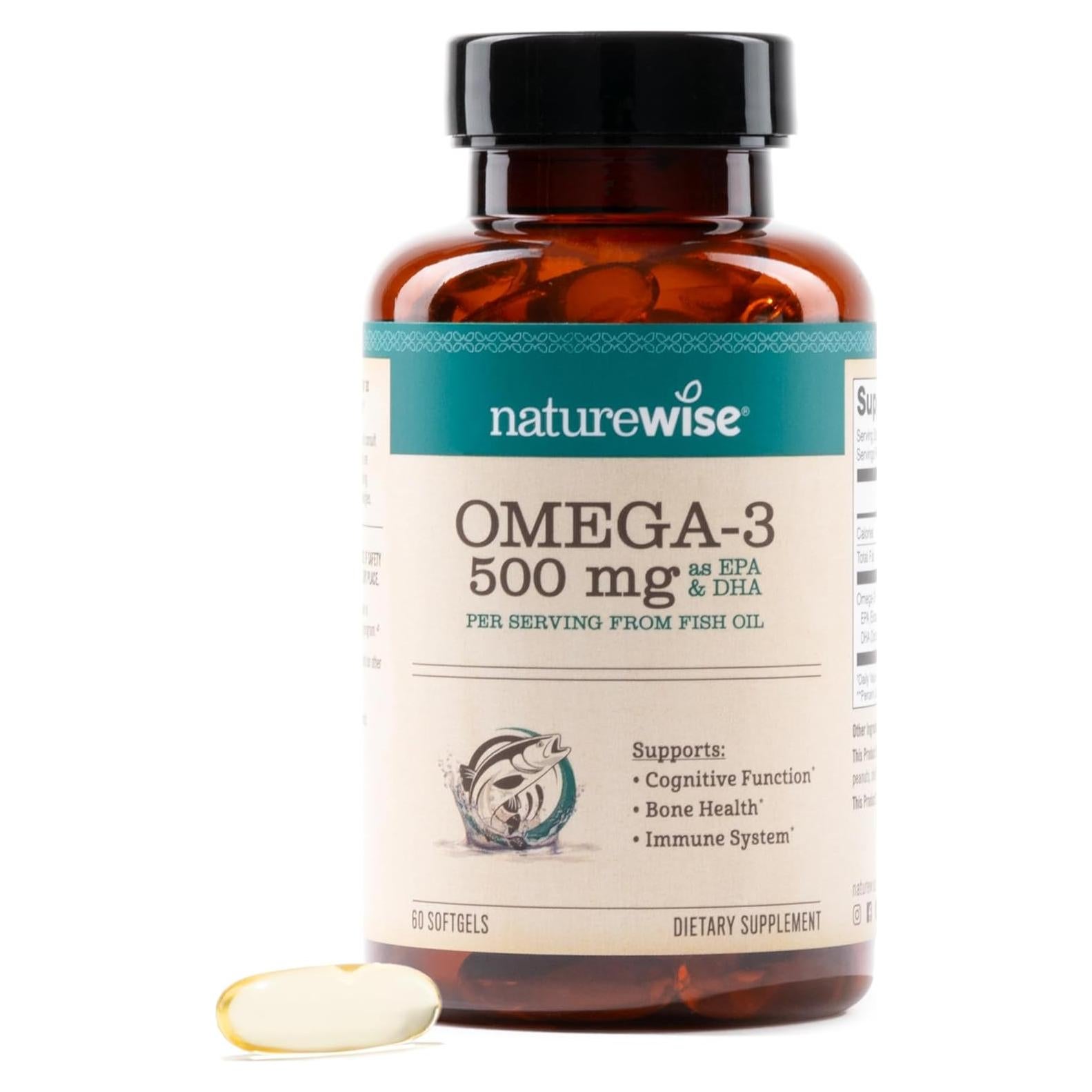 NatureWise Omega 3 Aceite de Pescado 500mg - 60 Cápsulas Blandas