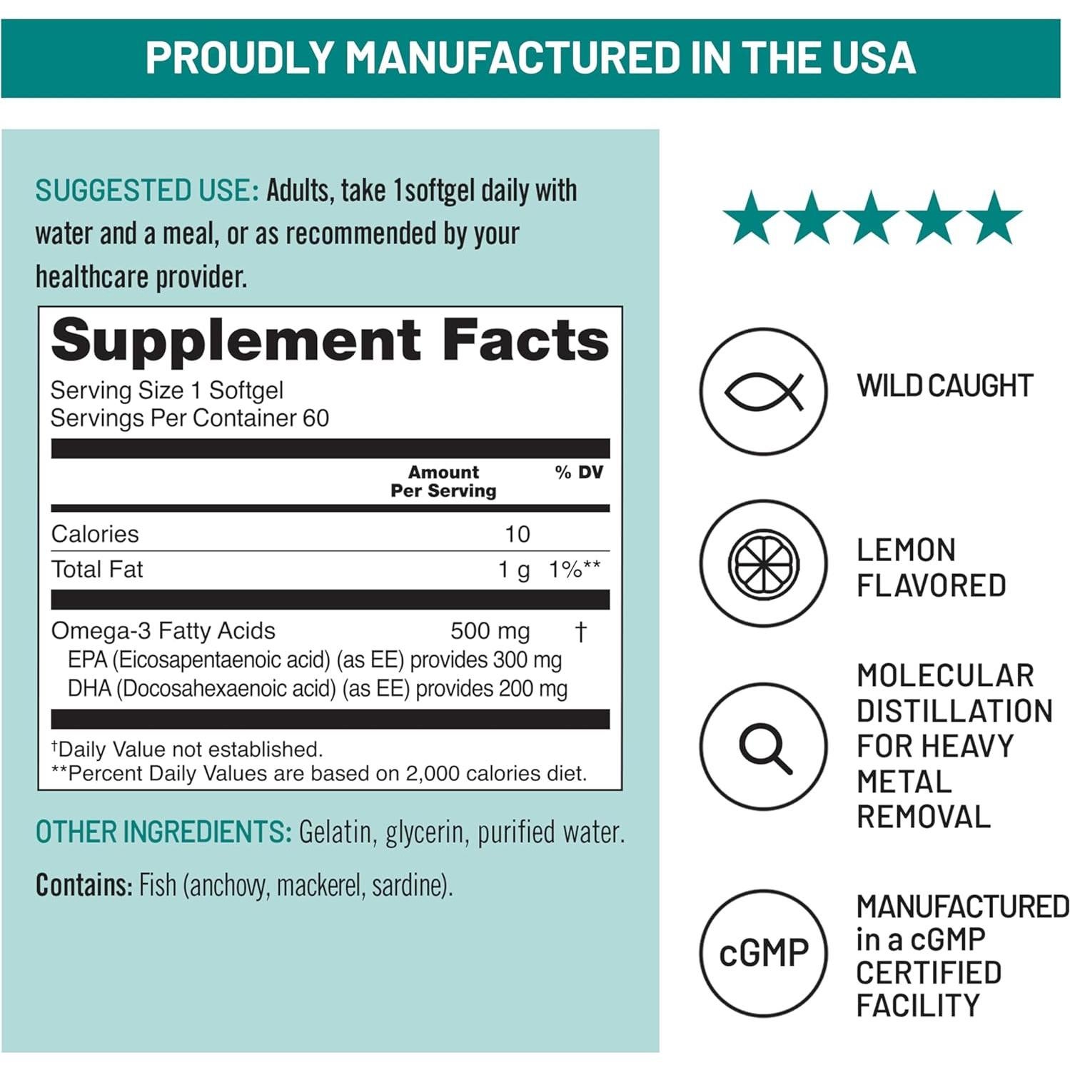 NatureWise Omega 3 Aceite de Pescado 500mg - 60 Cápsulas Blandas
