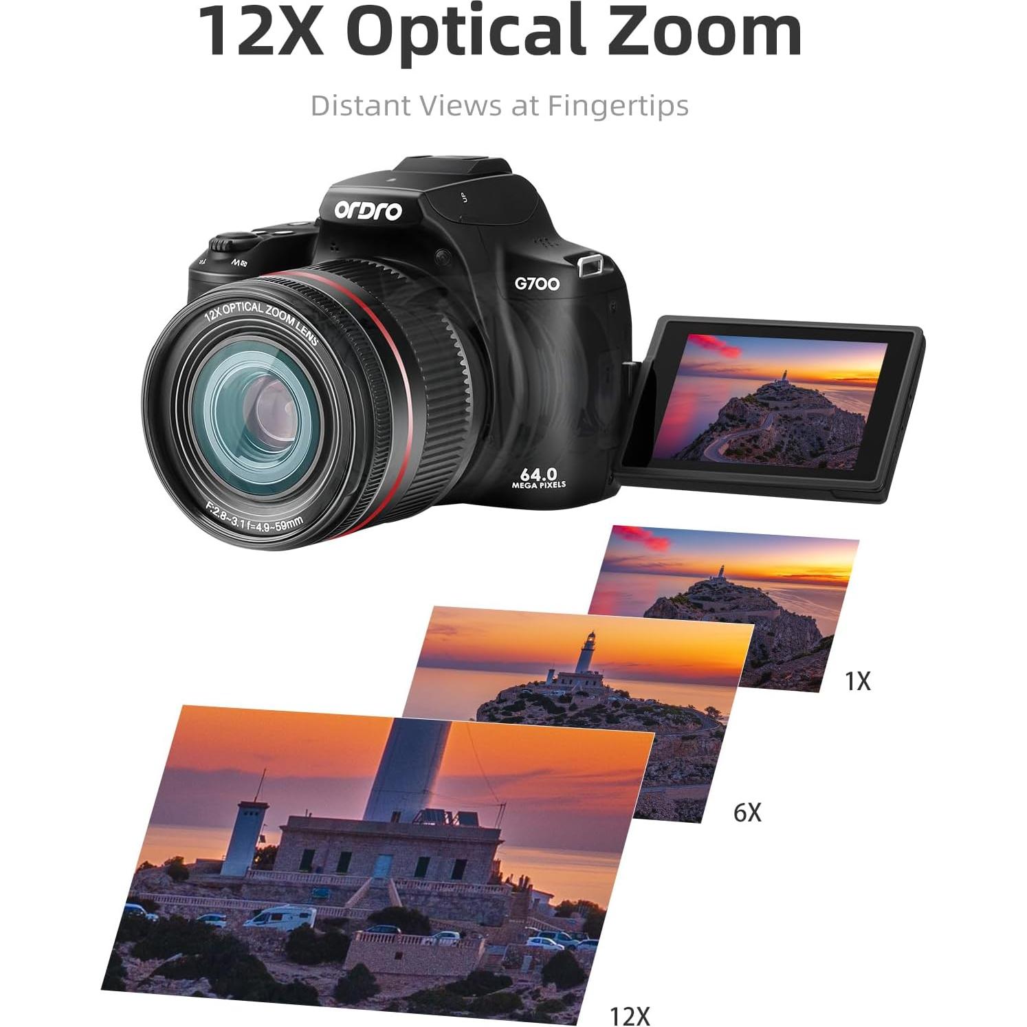 Cámara Digital Ordro G700 4K 64MP Pantalla Táctil 3" Zoom 12X