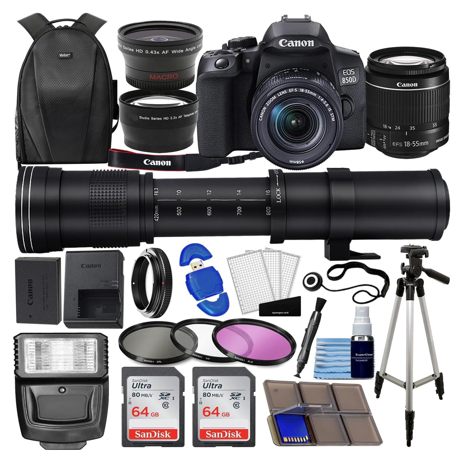 Cámara DSLR Canon EOS 850D + Lentes 18-55mm y 420-800mm