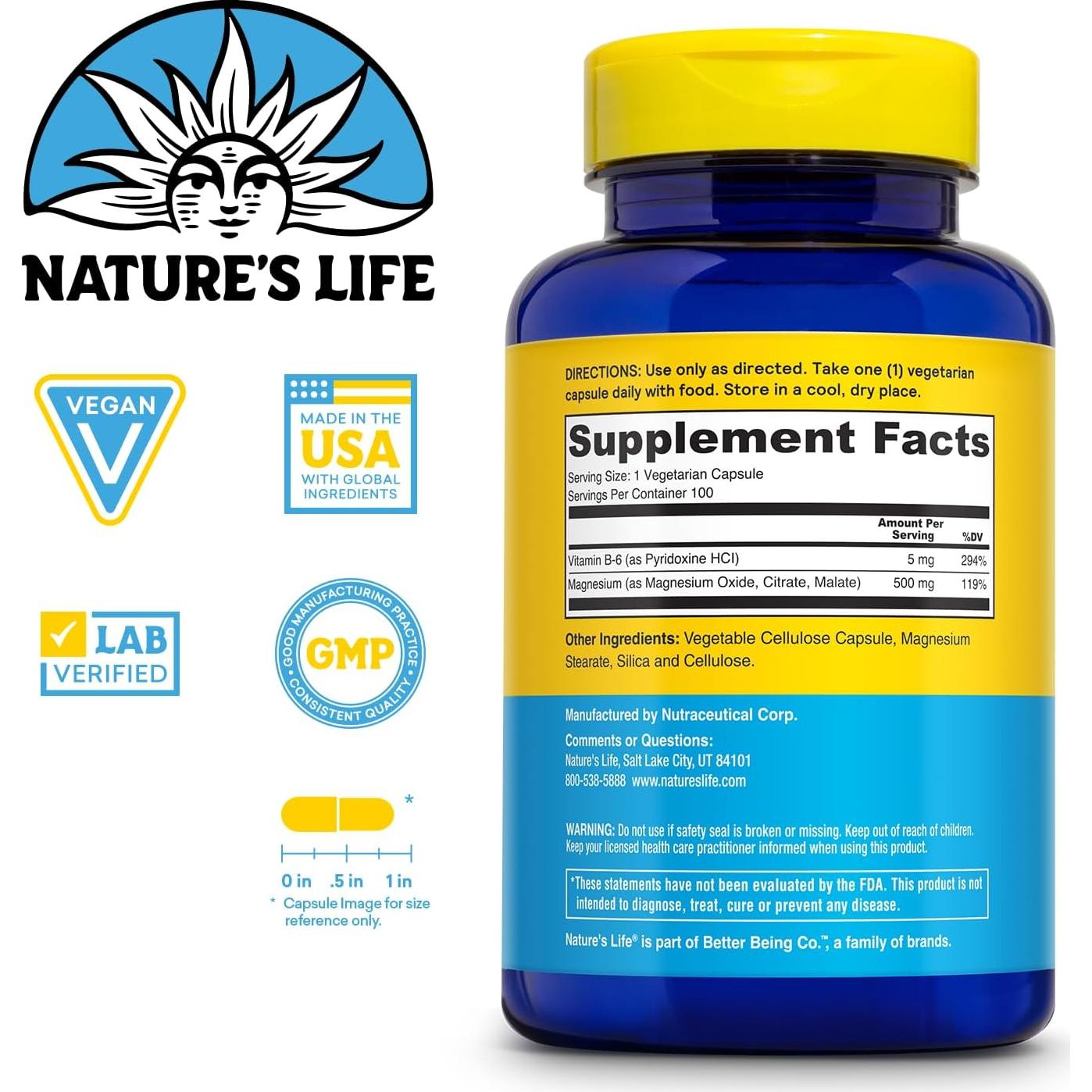 Suplemento de Magnesio Nature's Life 500 mg + Vitamina B-6