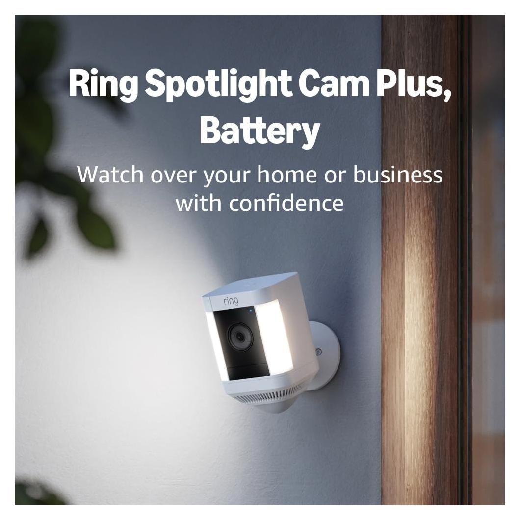 Like-New Ring Spotlight Cam Plus, Battery | Home or business security with HD video, Two-Way Talk, Color Night Vision, and Security Siren (2022 release) - White