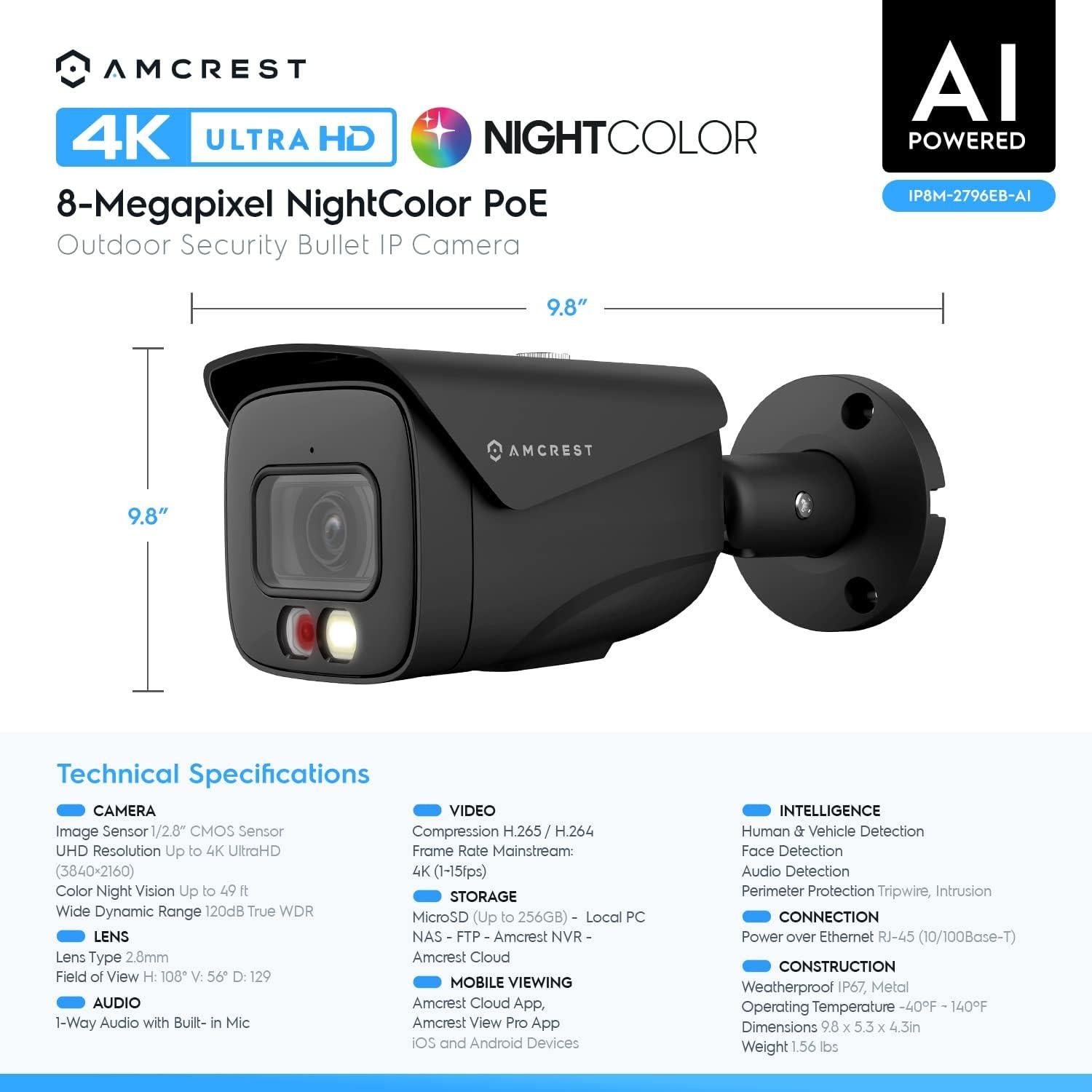 Cámara IP PoE Amcrest UltraHD 4K 8MP Visión Nocturna 15m