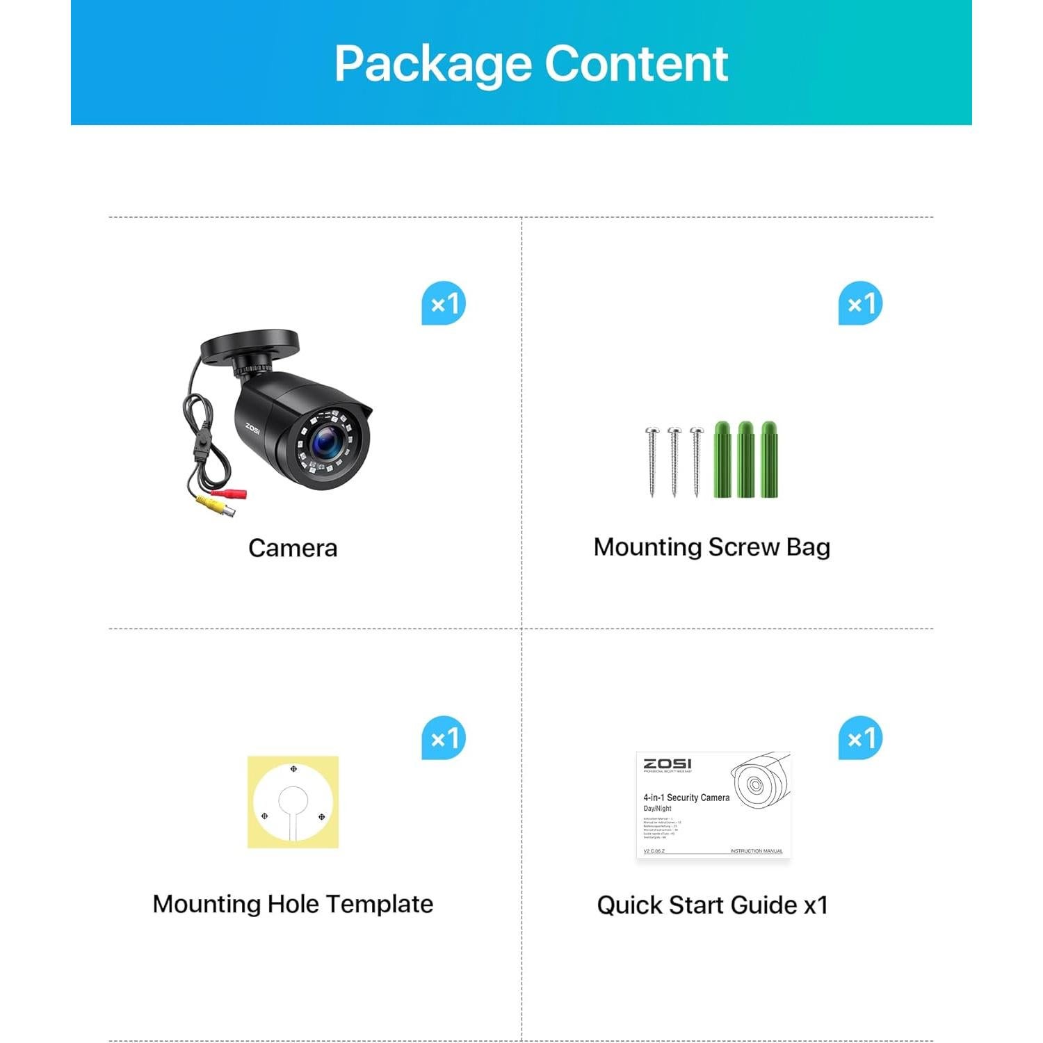 Cámara de Seguridad ZOSI 2.0MP 1080p IR 24.38m Interior/Exterior
