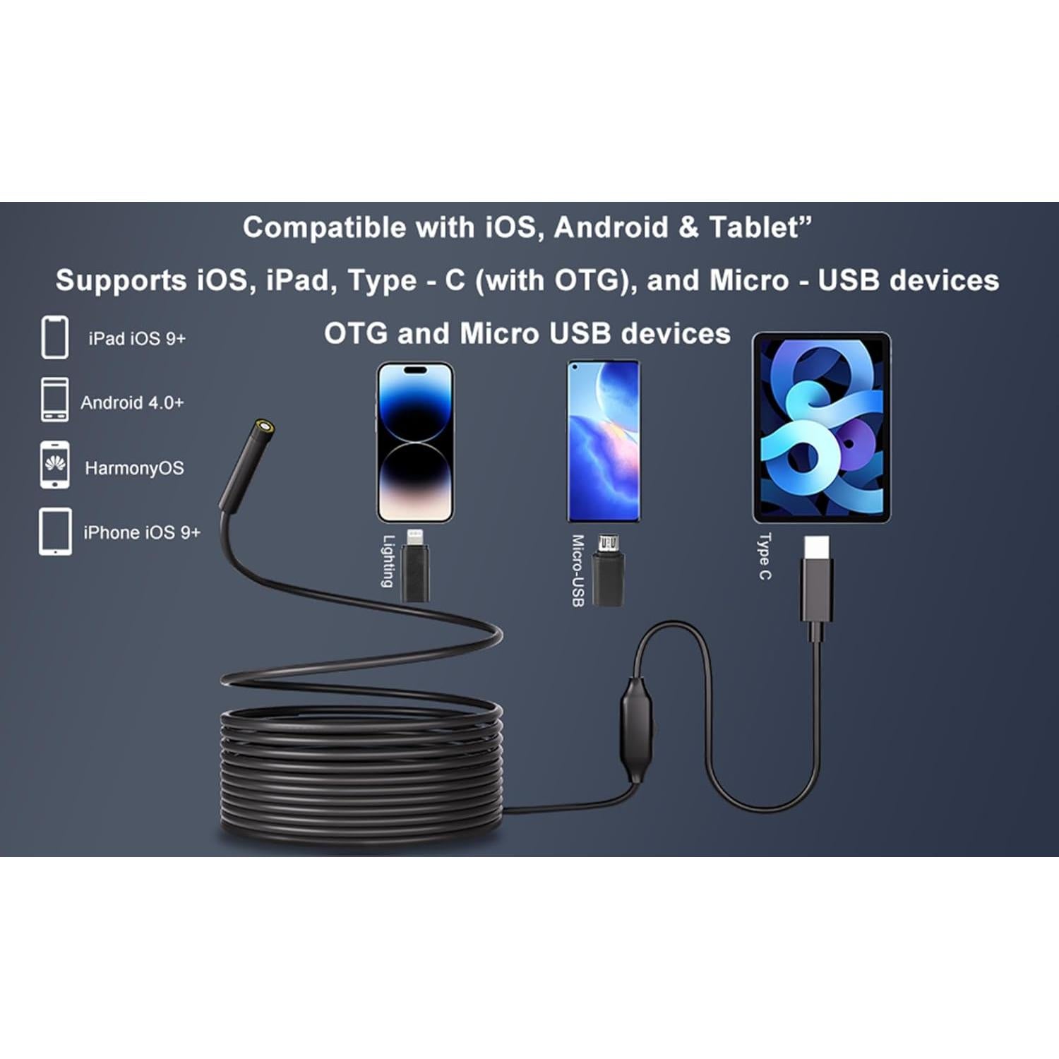 Cámara Endoscopio HD 1920P POLEDY 5m IP67 con Luz LED