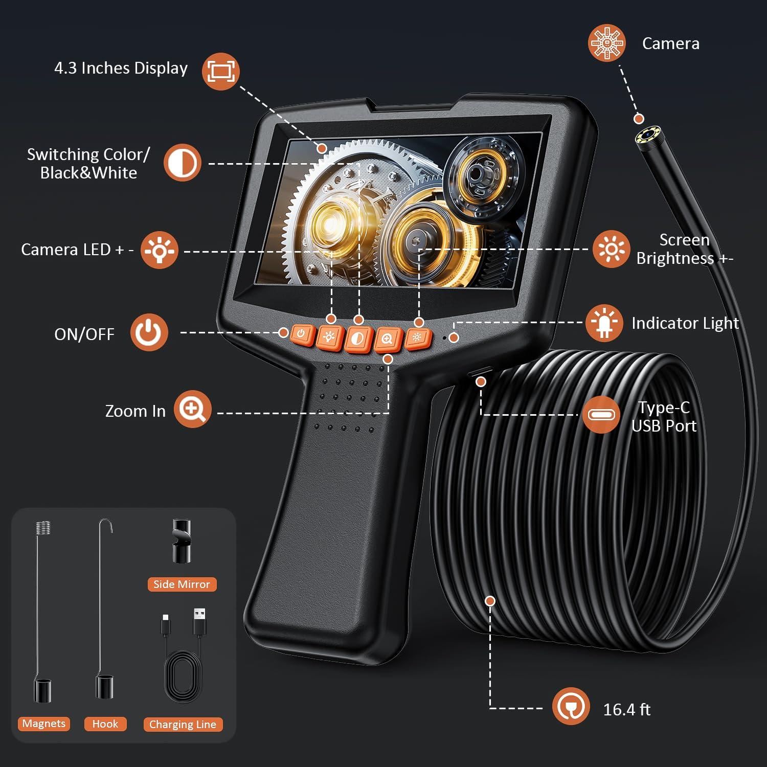 Cámara Endoscópica TGJOR 4.3" 1080P con Luz y Sonda de 5m