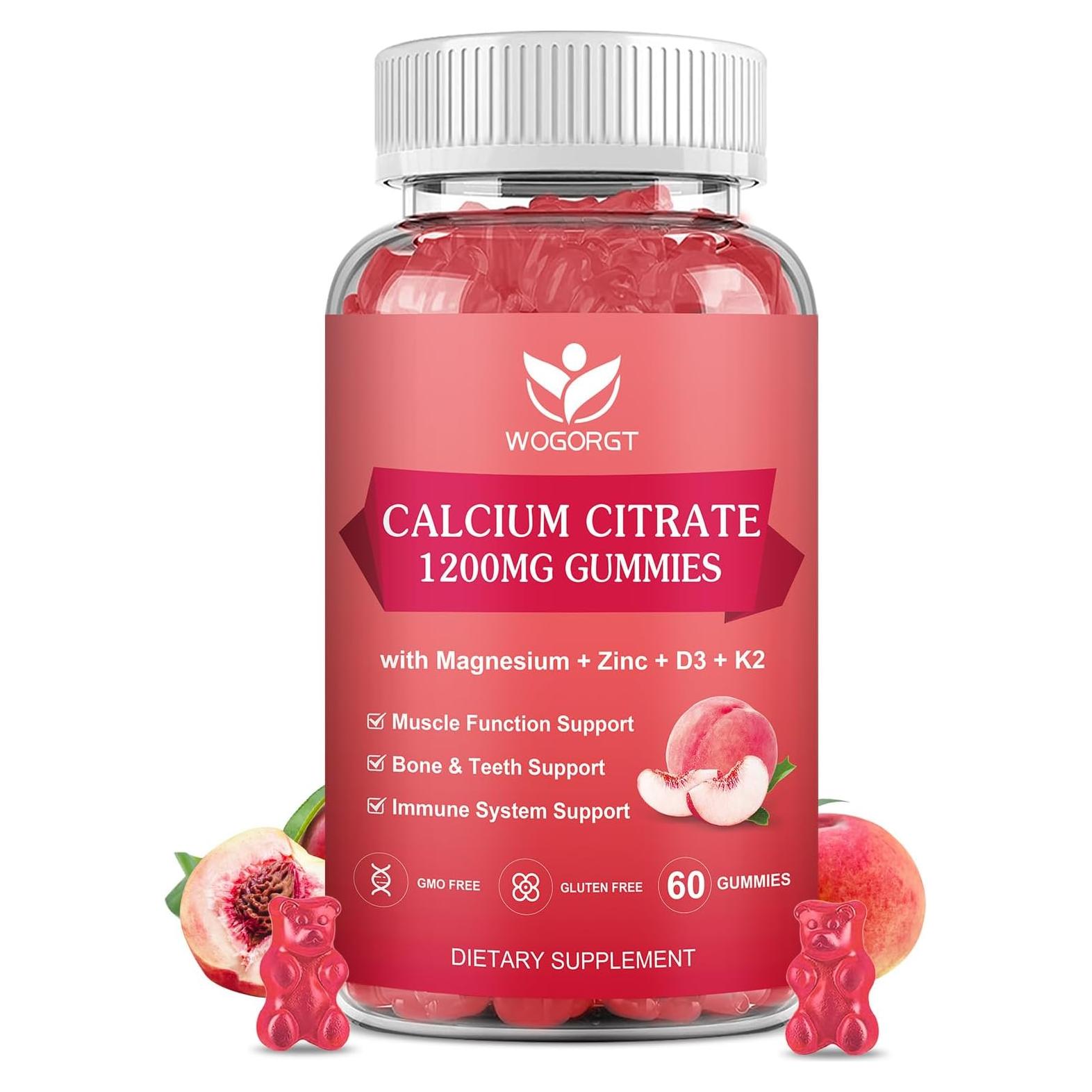 Gomitas de Calcio 1200mg con Vitamina D3 y K2 WOGORGT - 60 Unidades Sabor Durazno