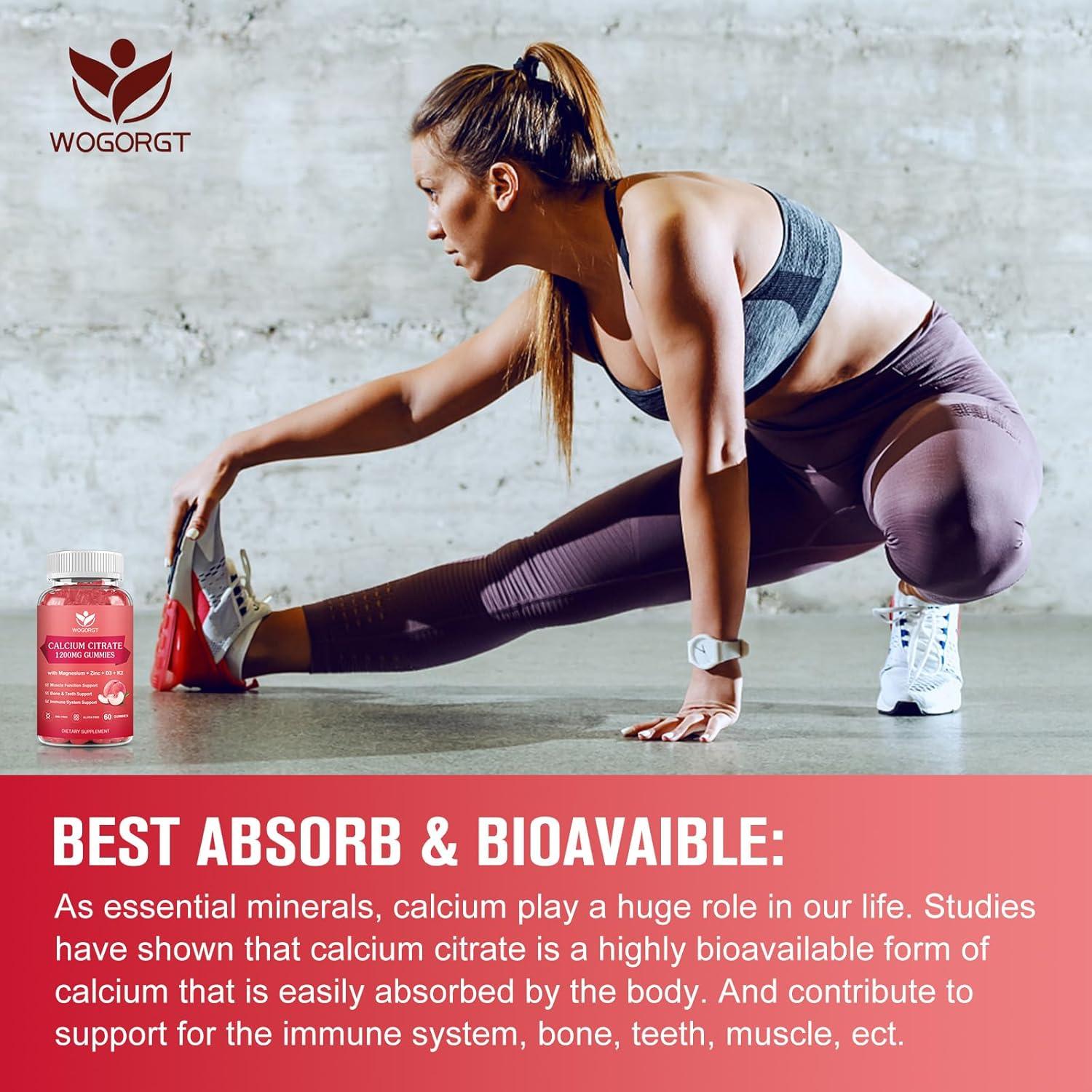 Gomitas de Calcio 1200mg con Vitamina D3 y K2 WOGORGT - 60 Unidades Sabor Durazno