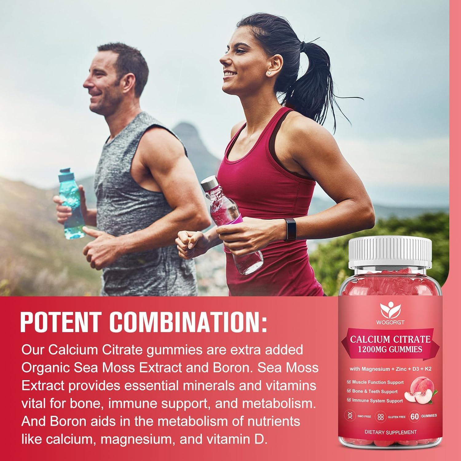 Gomitas de Calcio 1200mg con Vitamina D3 y K2 WOGORGT - 60 Unidades Sabor Durazno