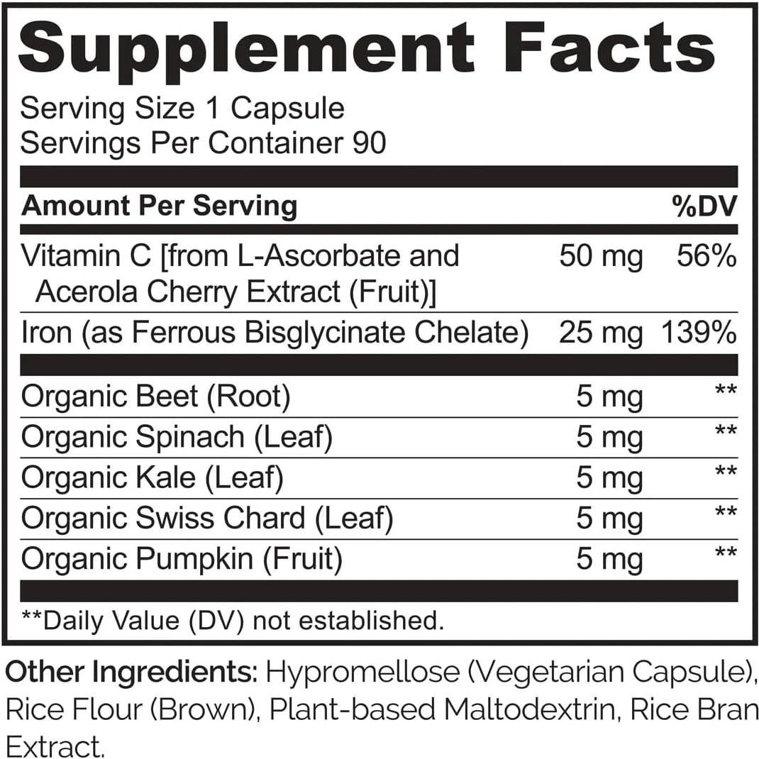 Suplemento de Hierro Vegano NATURELO 90 Cápsulas con Vitamina C