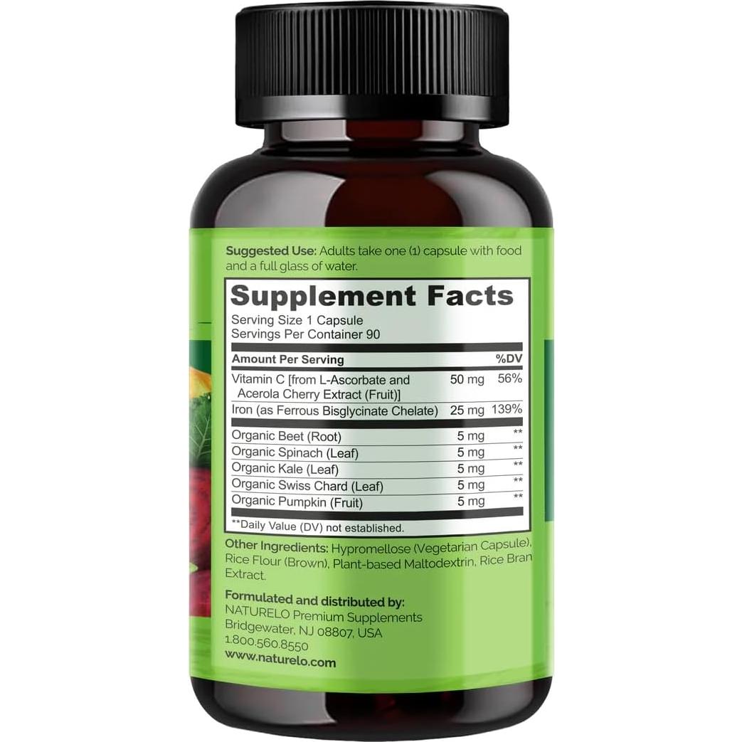 Suplemento de Hierro Vegano NATURELO 90 Cápsulas con Vitamina C