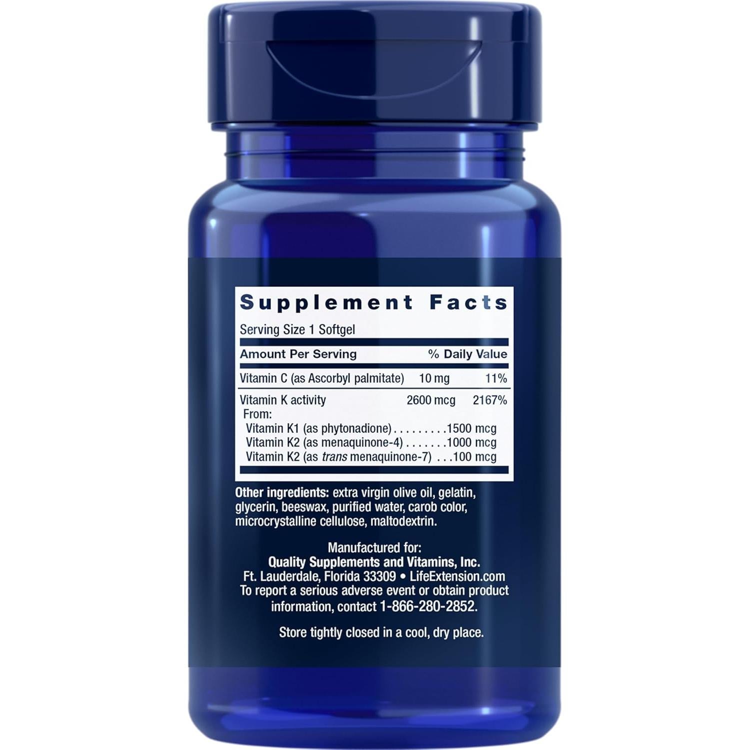 Life Extension Super K Vitamina K1 K2 MK-7 MK-4 90 Gelatinas