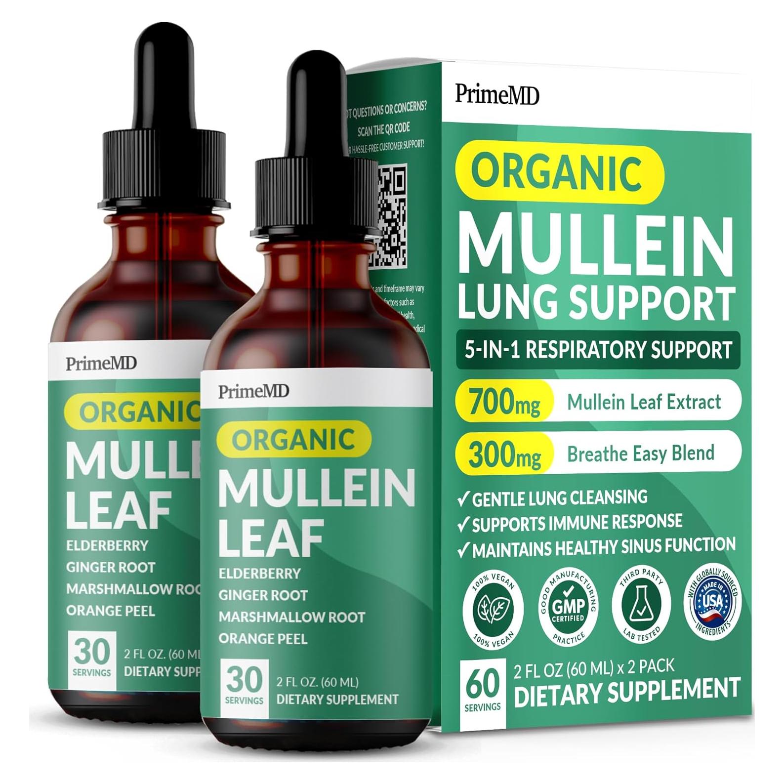 5-in-1 Mullein Drops for Lungs and Bronchial - Respiratory Lung Health Support with Mullen Leaf Extract for lungs - Mullein Tincture with Elderberry, Marshmallow, Ginger Root (60 Servings) (2-pack)