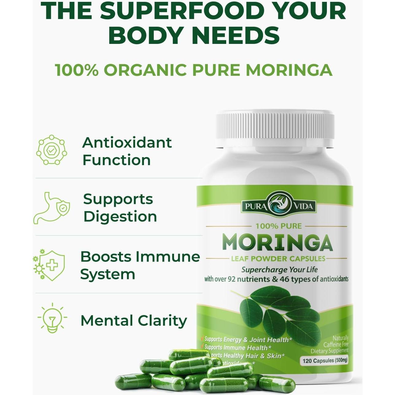 Cápsulas de Moringa Orgánica Pura Vida 120ct 500mg