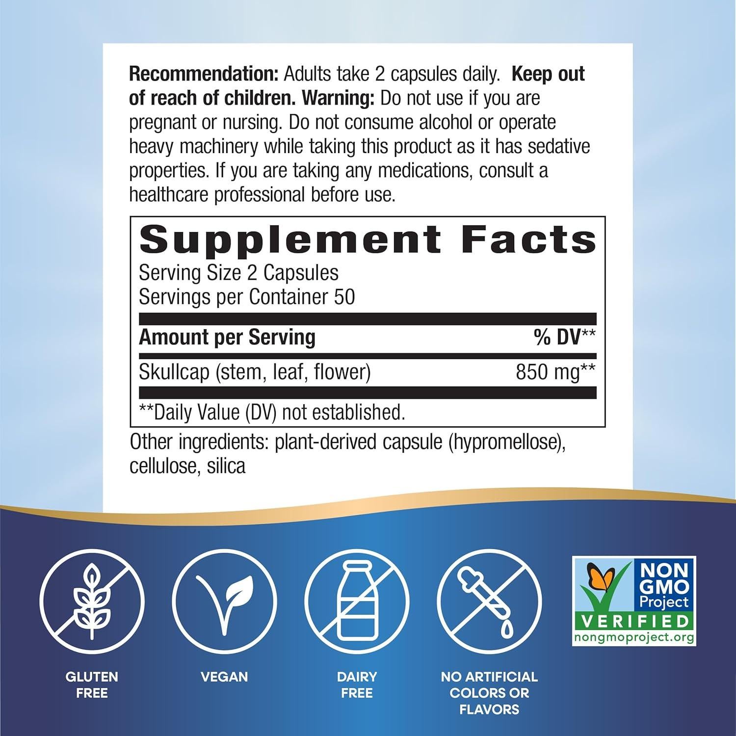 Hierba de Skullcap Nature's Way 100 Cápsulas Veganas Sin Gluten