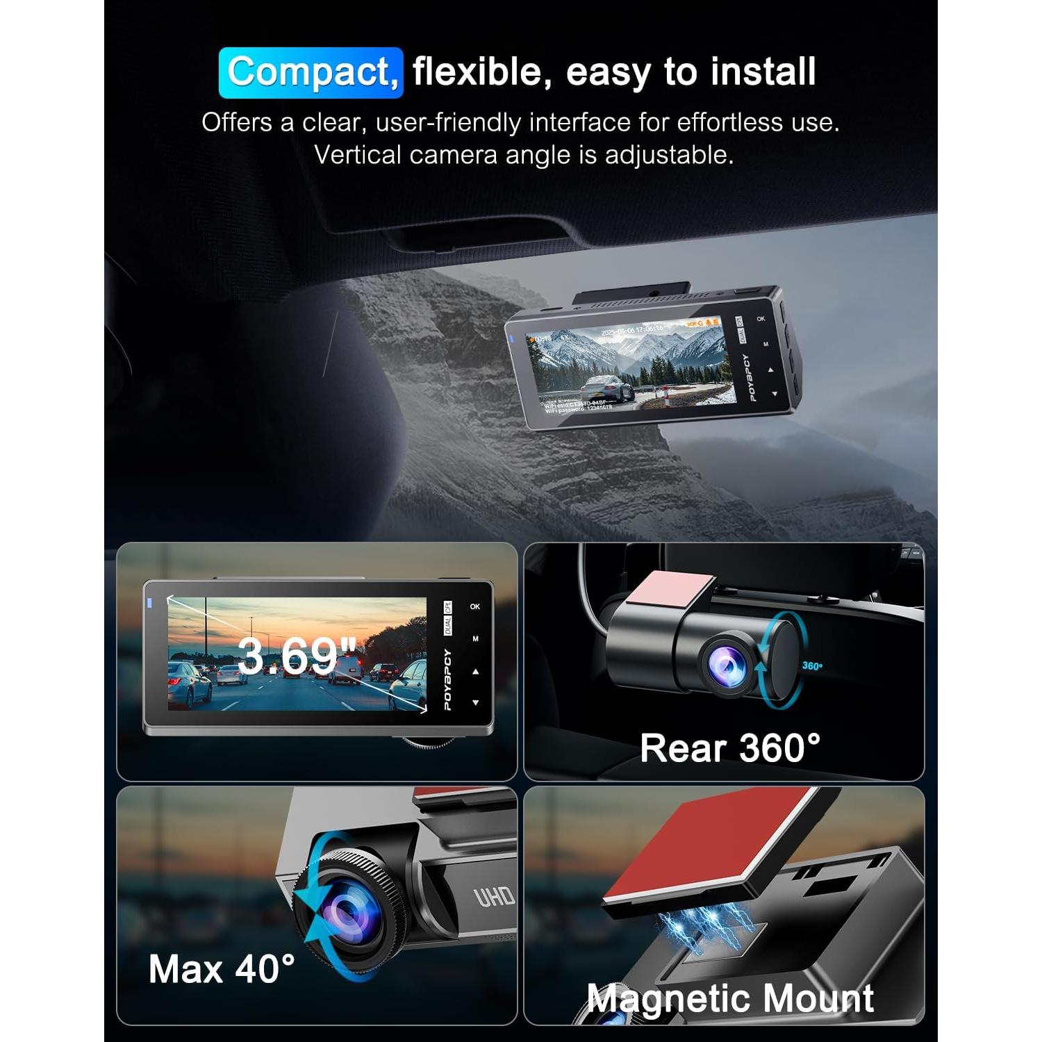 Cámara de tablero 4K POYBPCY con WiFi y CPL, 170°