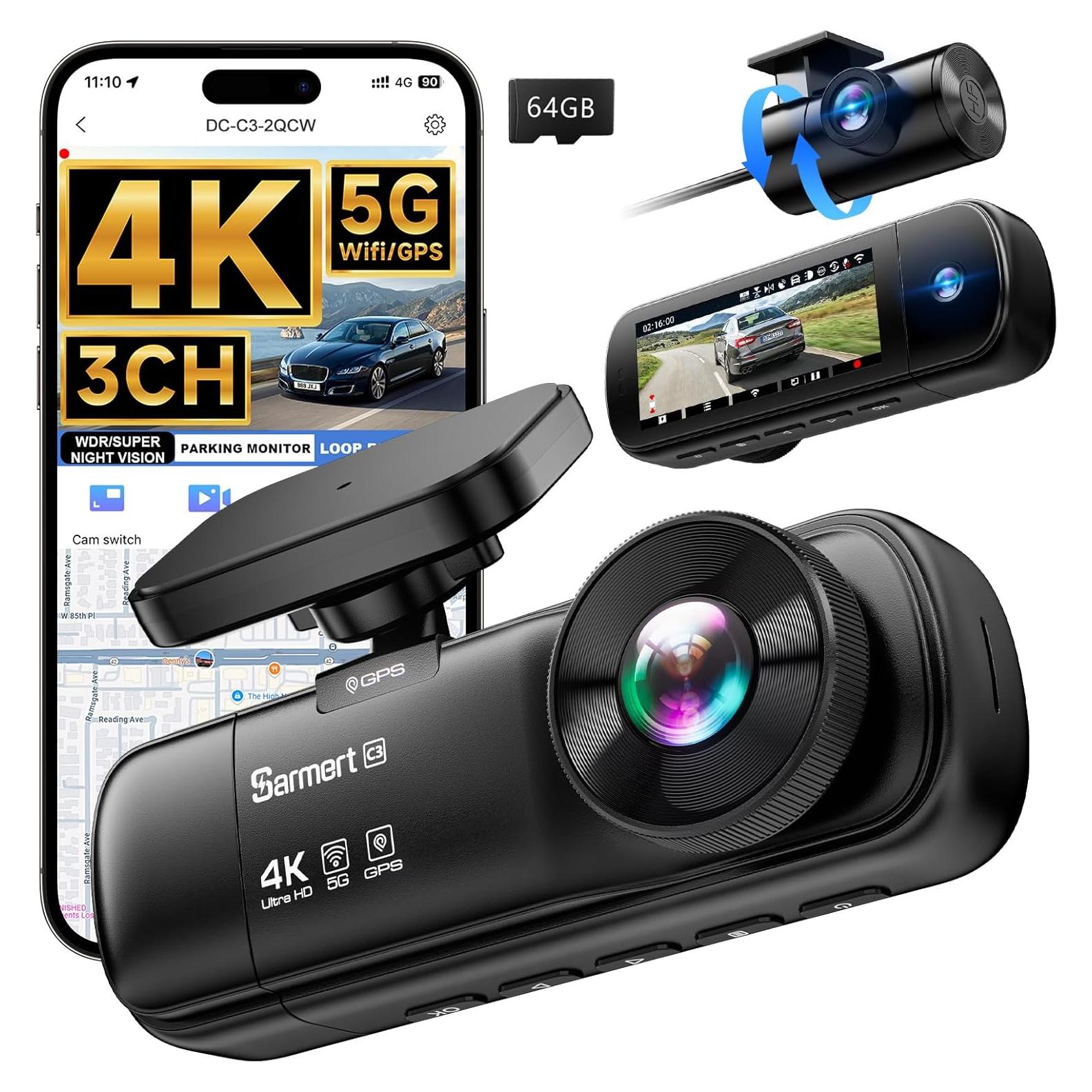 Cámara Dash 3 Canales SARMERT 4K Frontal y Trasera GPS